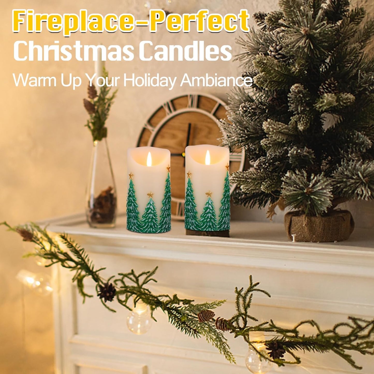 Christmas Embossed Tree Flameless Candles with Remote, Battery-Operated Real Wax LED Candle with Flickering Flame, Christmas Home Decor, Set of 2