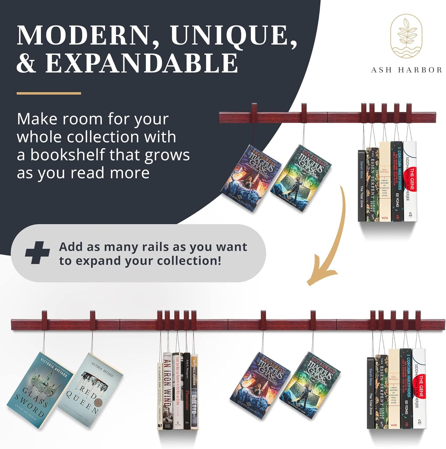 Floating Wall Bookshelf - Wall Mounted Book Organizer with Included Bookmarks - Hardwood Hanging Bookshelf for Bedroom, Living Room, or Kitchen - A Thoughtful Gift for Book Lovers (Dark)