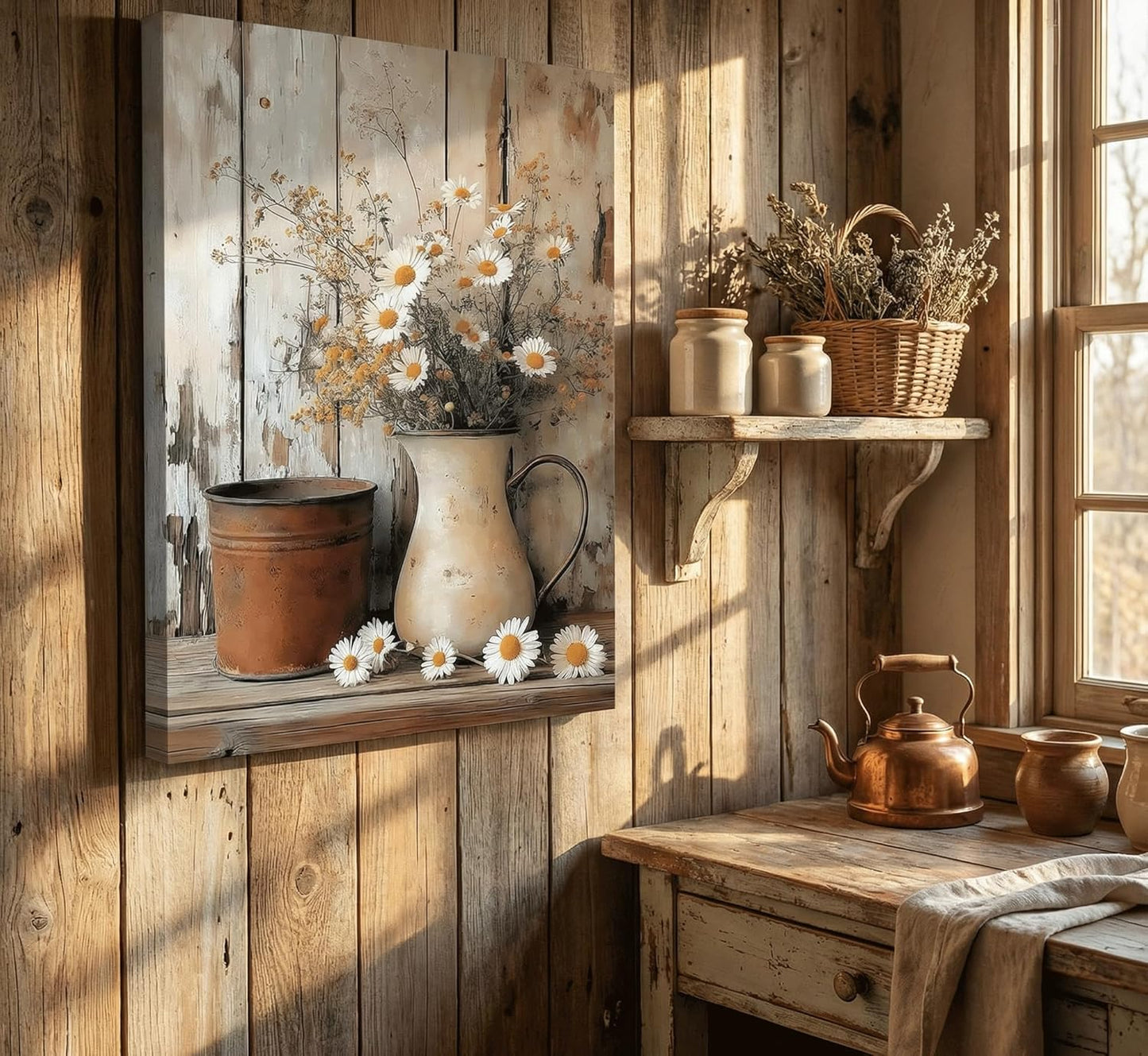 Rustic Farmhouse Daisy Floral Canvas Wall Art Vintage Neutral Country Wall Decor Picture Still Life In Vase Poster Print for Bathroom Living Room Bedroom Home Paintings Decoration Prepare To Hang