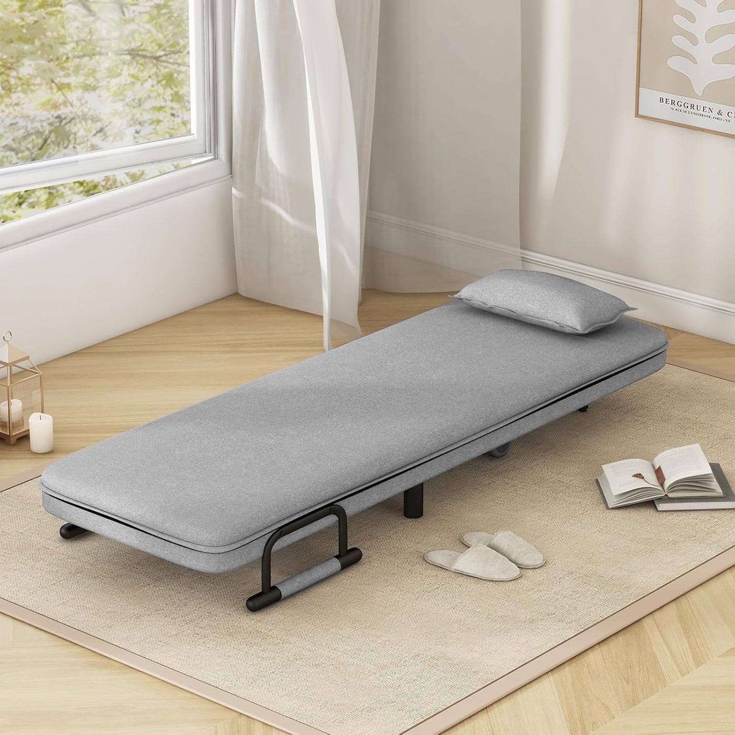 KOMFOTT Convertible Chair, Sleeper Chair with 5-Position Adjustable Backrest & Lumbar Pillow, 2 Hidden Metal Legs & 2 Lockable Casters, Comfy Chaise Lounge for Living Room & Home Office, Grey