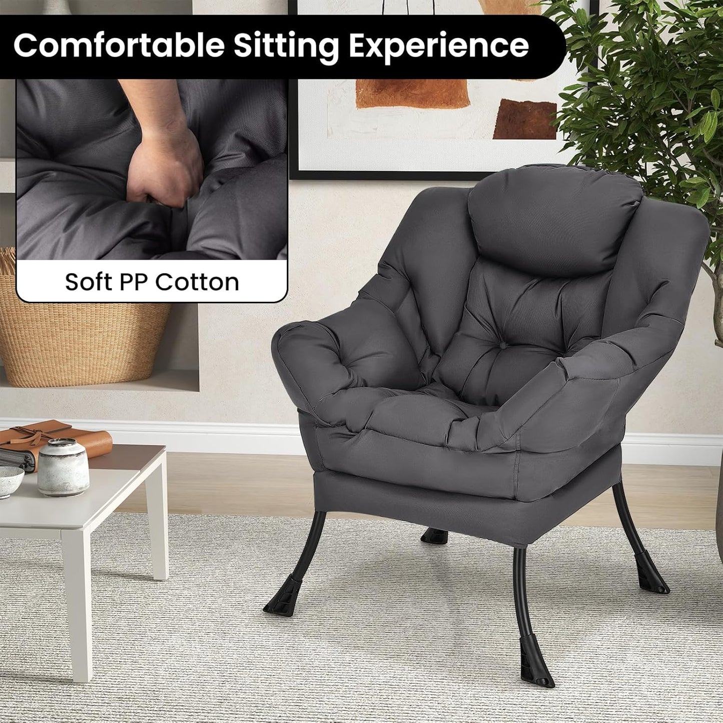 GORELAX Modern Lazy Chair,Upholstered Lounge Accent Chair, Single Leisure Sofa Chair with Armrests & Side Pocket, Comfy Reading Chair for Bedroom, Living Room, Dorm Room (Grey)
