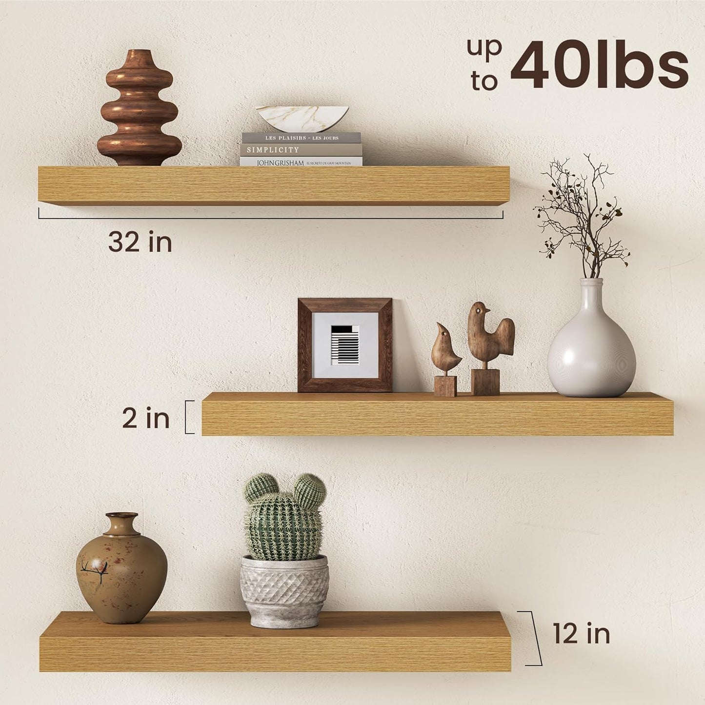 32Inch Oak Floating Shelves for Wall, 12 Inch Deep Shelves for Bedroom, Kitchen, Bathroom Wall Mounted, Rustic Wood Floating Shelf with Invisible Brackets for Books, Storage, Decor, 2 Packs