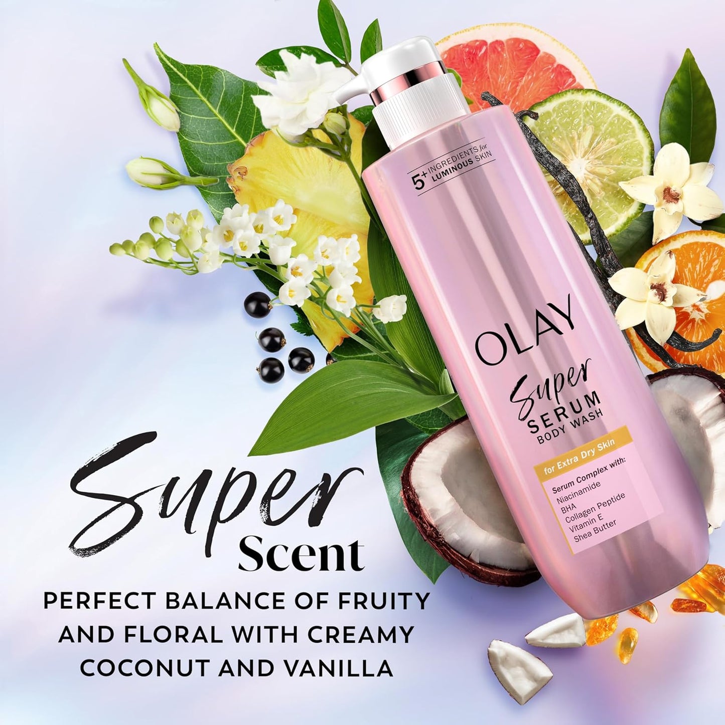 Olay Super Serum Body Wash for Extra Dry Skin, 24hr Long Lasting Hydration, 5+ Ingredient Complex for Bright Even Firm Luminous Skin, with Vitamin E, and Shea Butter 18.5 Fl Oz
