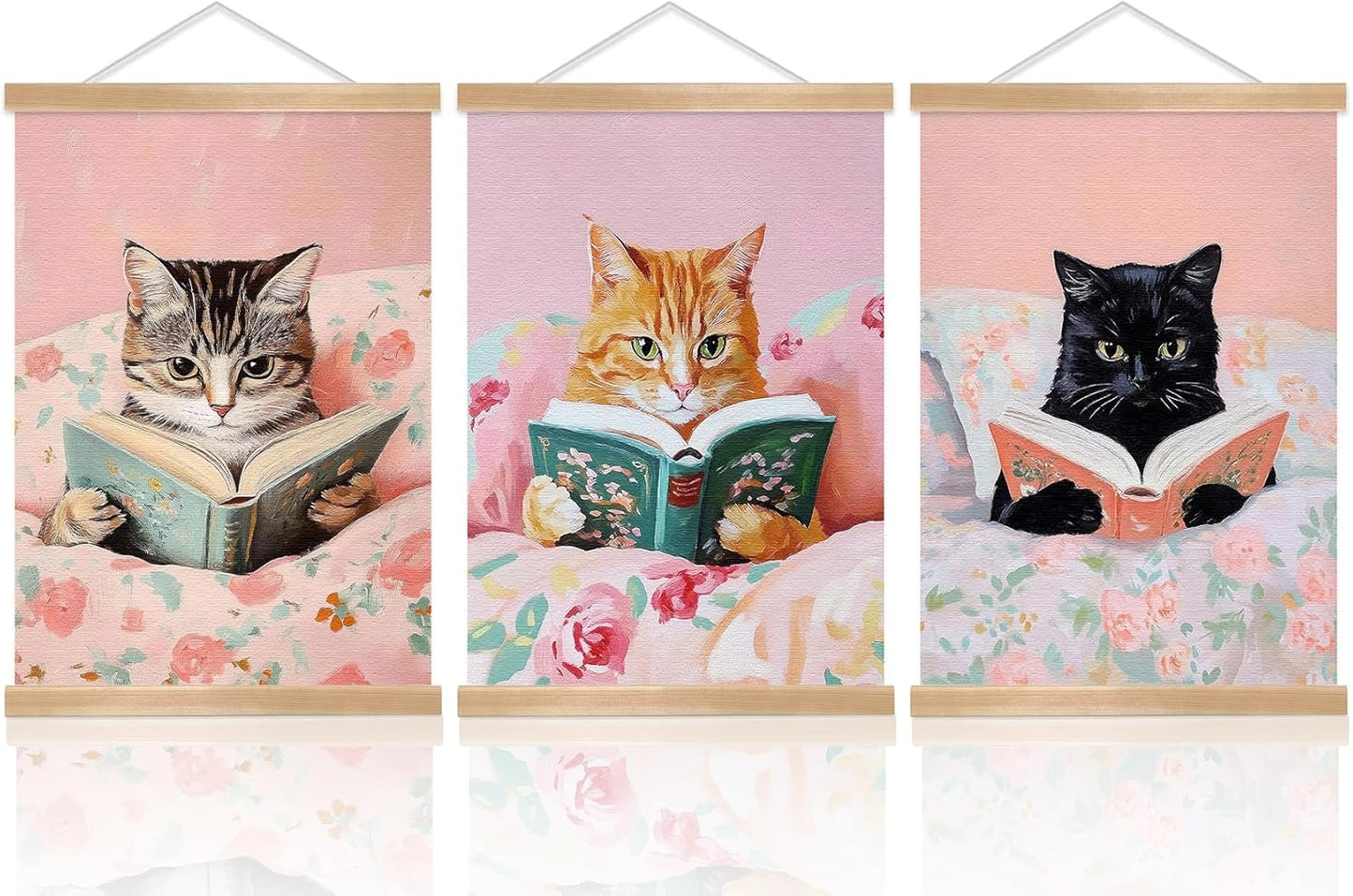 Funny Cat Canvas Wall Art Set of 3, Pink Cute Cat Lovers Wall Decor Paintings,Vintage Cats Posters Prints Pictures For Nursery Girls Room Bedroom Kids Room Girls Study Room 12x16 Inch Framed