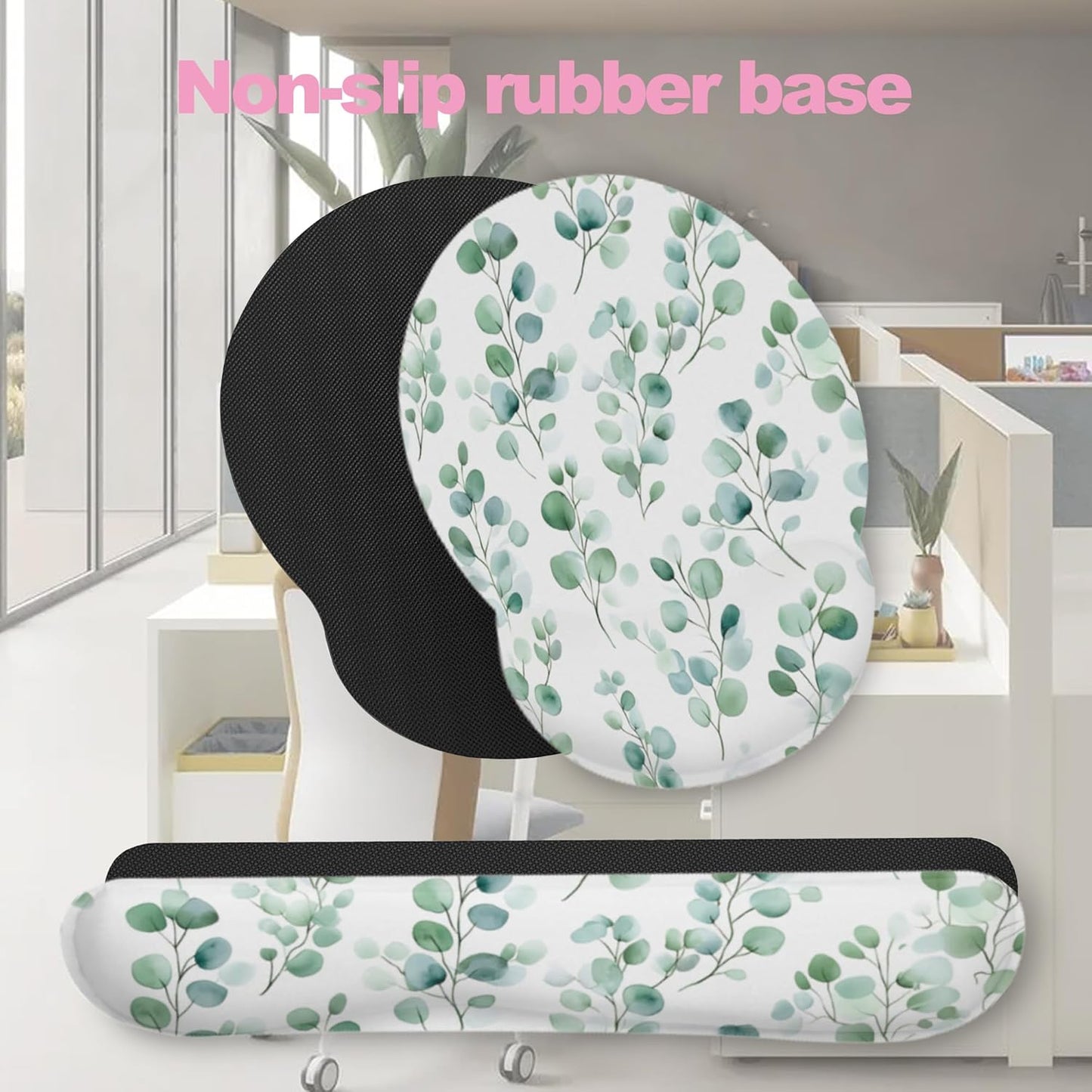 Eucalyptus Leaf Boho Ergonomic Wrist Support Keyboard Mouse Wrist Rest Set, Computer Office Comfortable Wrist Rest for Mouse Easy Typing