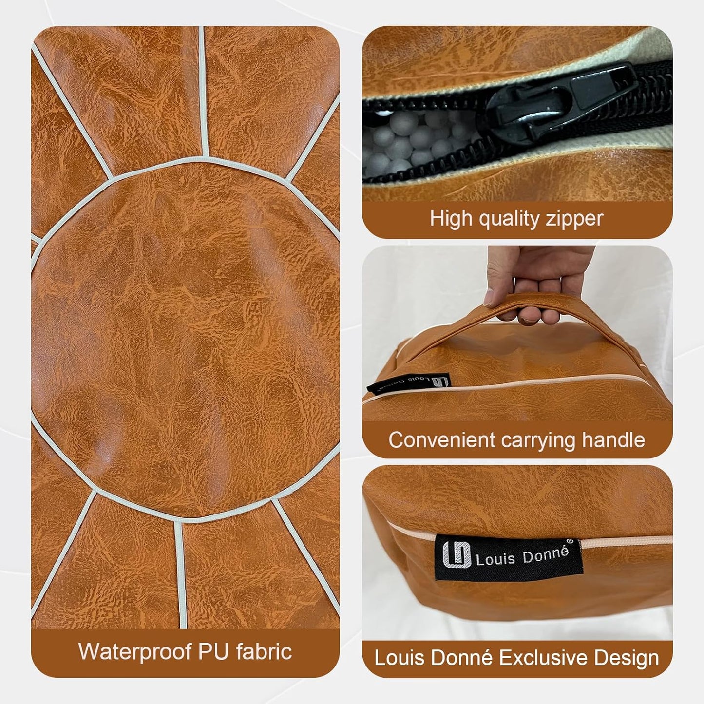 Louis Donné Pouf Ottoman Cover, Handmade Faux PU Leather Moroccan Style, Unstuffed Pouffe Ottomans,20.8" Round Foot Rest for Living Room,Floor Small Bean Bag Chair Gifts for Kids ONLY Cover(Orange)
