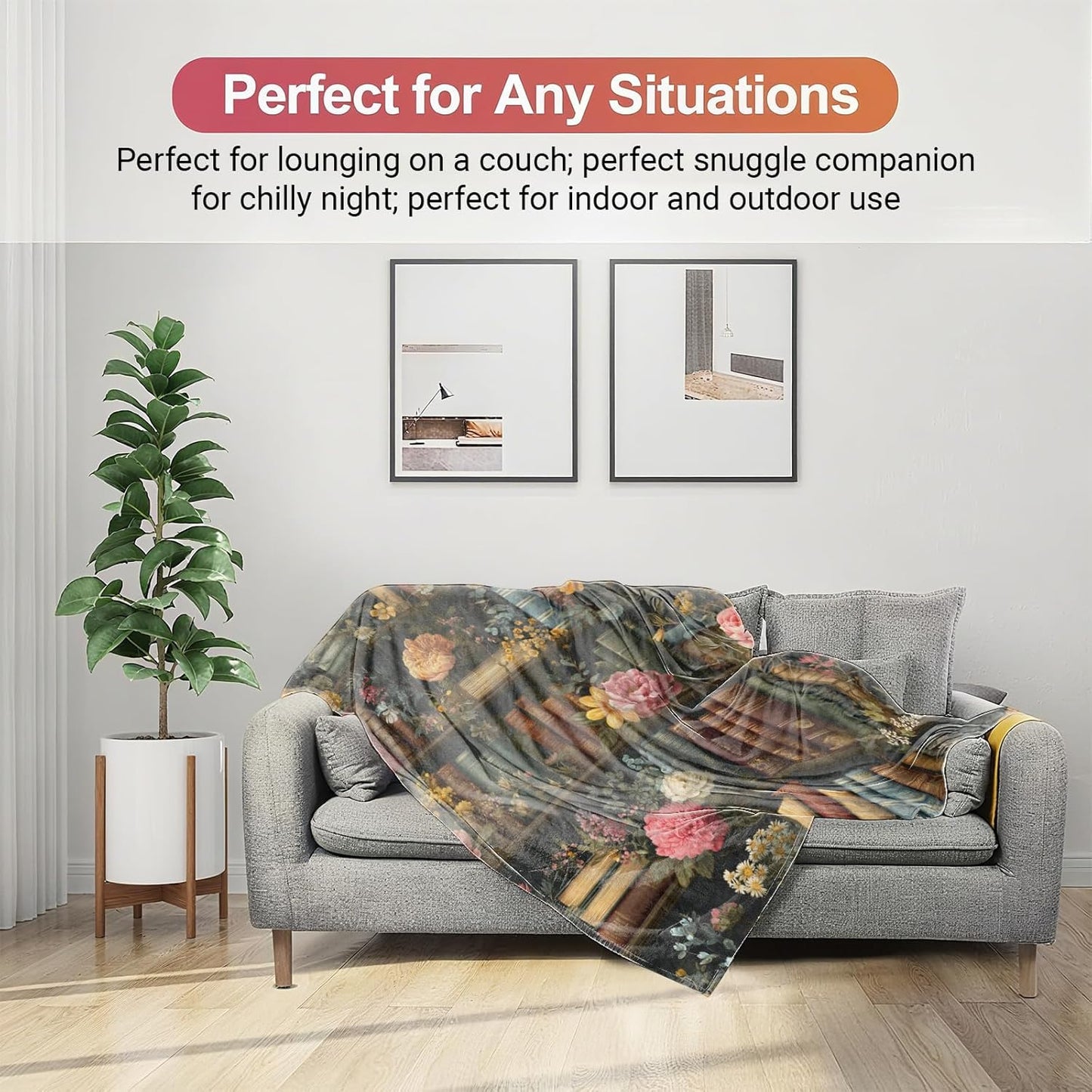 Floral Bookshelf Throw Blanket Soft Lightweight, Retro Book Blankets for Bedroom Living Room Sofa Office, Vintage Classic Flower Cozy Throws, Home Accent and Women Girls Gifts, 50 X 60 Inch