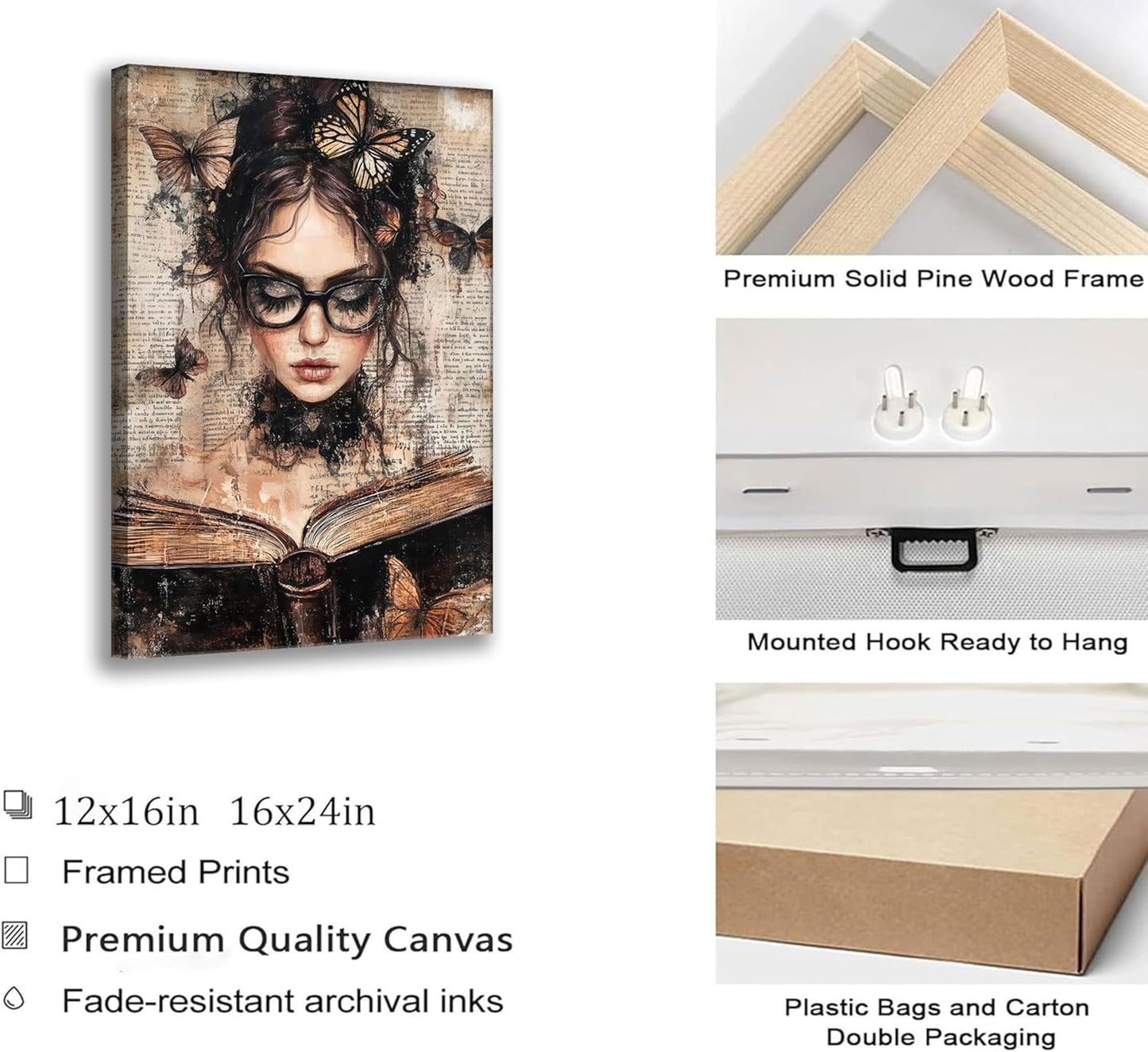 Framed Reading Woman Canvas Wall Art Moody Victorian Female Scholar Poster Print Dark Academy Picture Gothic College Aesthetic Wall Decor for Bedroom Living Room Library Corner Bedroom Dorm 12x16in