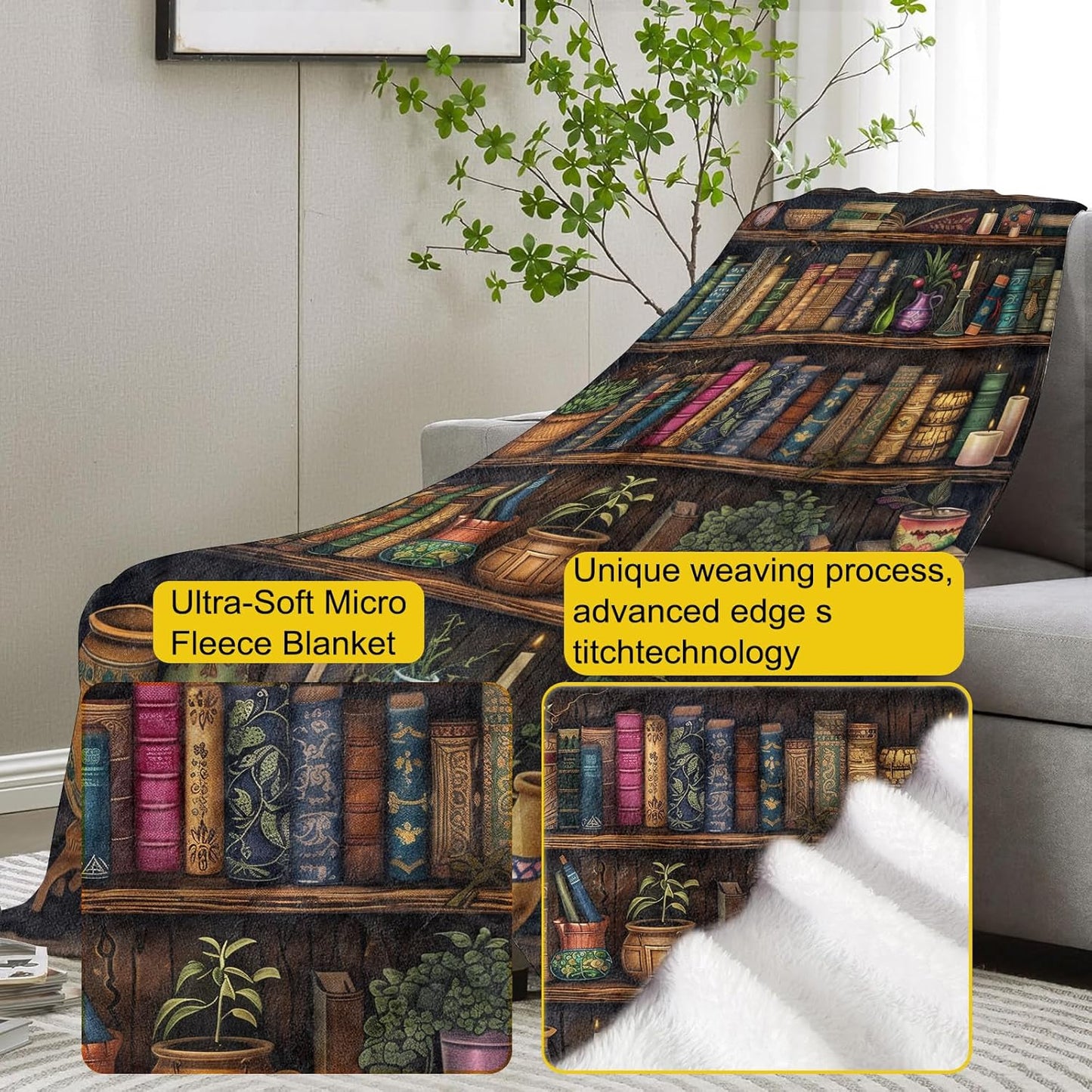 Vintage Bookshelf Blanket, Reading Fleece Throw with Antique Books and Decor, Soft Cozy Lightweight Blanket, for Book Lovers, Graduation Gift,50x60 in
