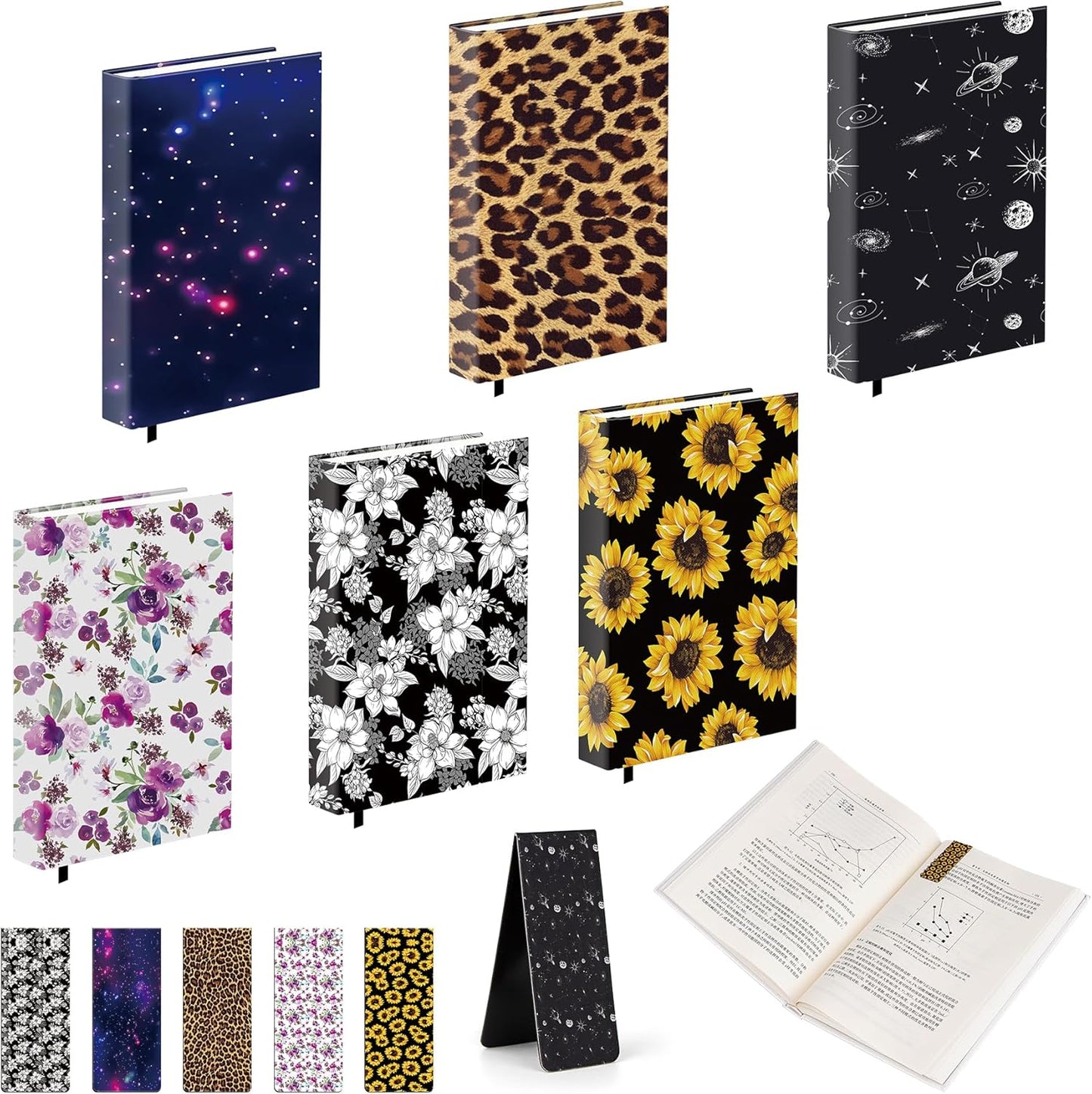 6 Pcs Stretchable Book Cover Jumbo Fabric Book Covers Protector Washable Reusable Protective Textbook Cover for Hardcover Textbooks up to 9 x 11 in with 6 Pieces Magnetic Bookmarks
