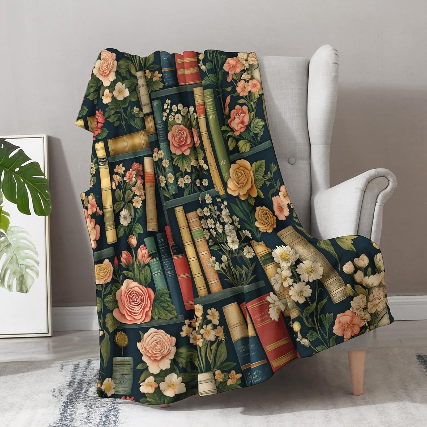 Book Lovers Gifts for Women Girls, Flowers and Book Blanket Gifts for Books Lovers Women Readers Bookish Librarian Themed Reading Blanket, Soft Bed Couch Decor Birthday Throw 50"x60"