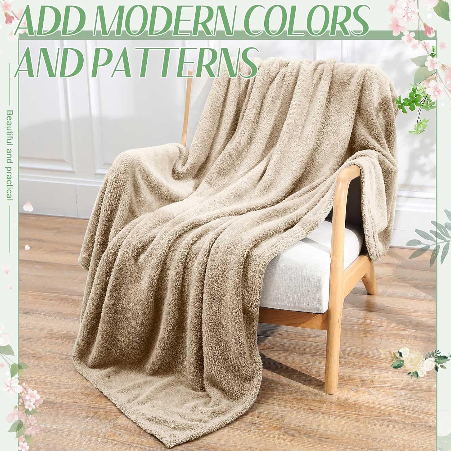 Tinideya 12Pcs 50 x 60'' Sherpa Fleece Throw Blanket Bulk with Thank You Cards and Ribbon Soft Sherpa Throw Warm Fleece Blankets for Wedding Gifts Bed Couch Sofa Season(Khaki)