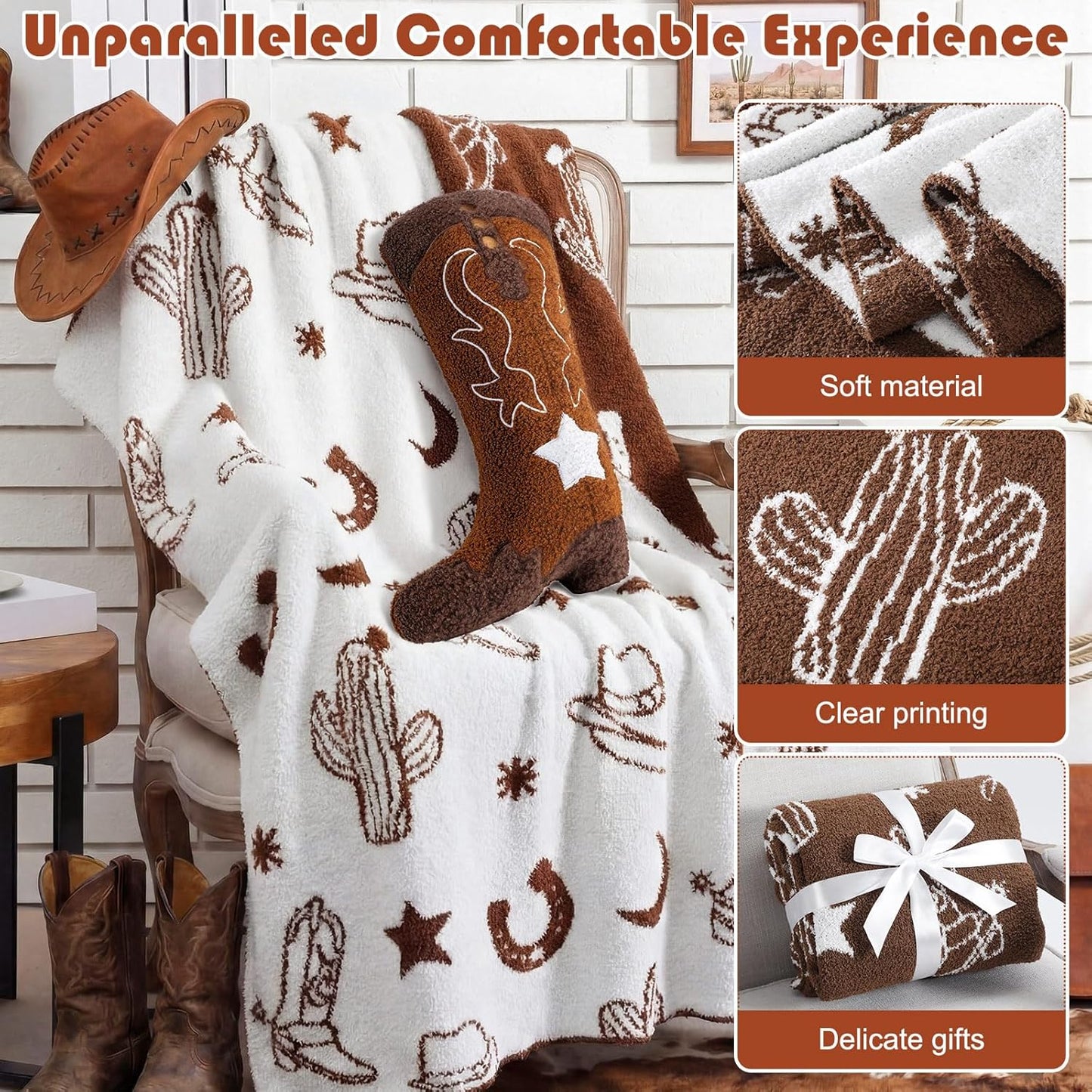 Western Cowboy Throw Blankets Pillow Set Include Brown Horse Shoes Cactus Beach Blanket 50 x 60 Inch and Cowboy Boot Plush Throw Pillows Cushion for Couch Sofa Bed Decoration