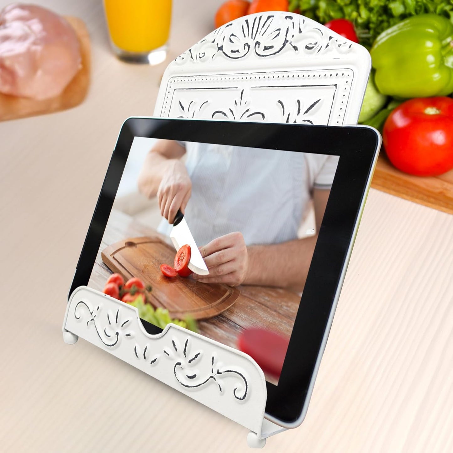 Metal Recipe Book Stand – White Ornate Cookbook Holder with Floral Design – Distressed Vintage-Style Decorative Easel for Kitchen, Farmhouse Decor, Counter Display – Great Gift for Moms & Cooks