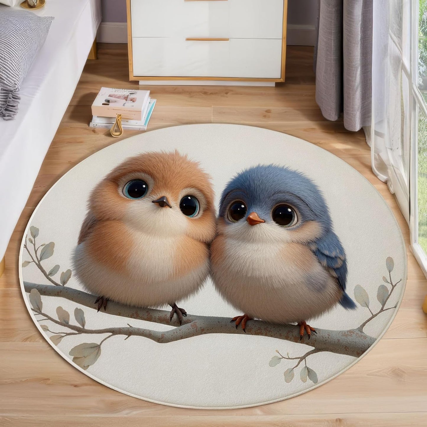 Round Area Rug, 3Ft Washable Non-Slip Beige Cute Plush Bird Circle Rug, Soft Low-Pile Cartoon Animal Indoor Small Circular Carpet for Bedroom Entryway Dining Living Room