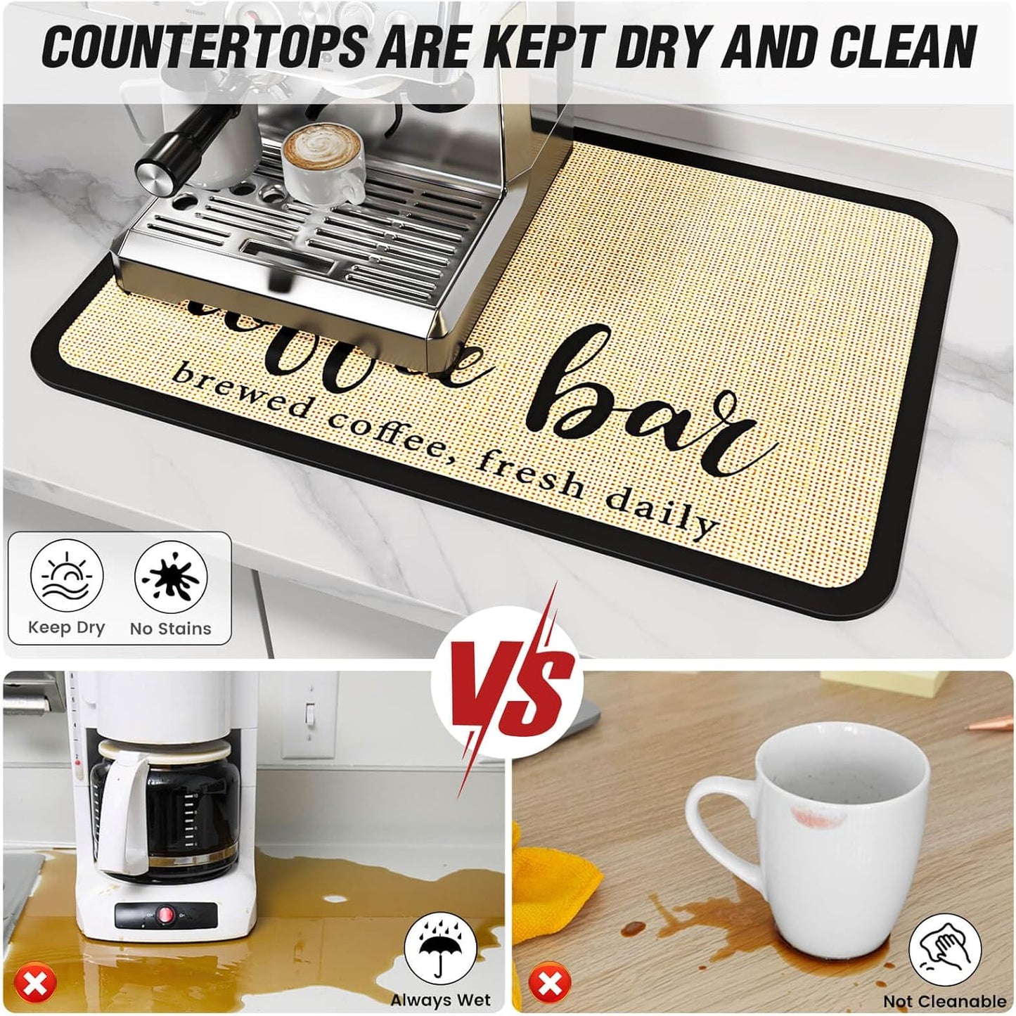 DK177 Coffee Mat - Dish Drying Mat for Kitchen Counter, Hide Stain, Absorbent with Waterproof Rubber Backing, Fit Kitchen Dish Rack Bar Accessories (Coffee Bar, 19" x 12")