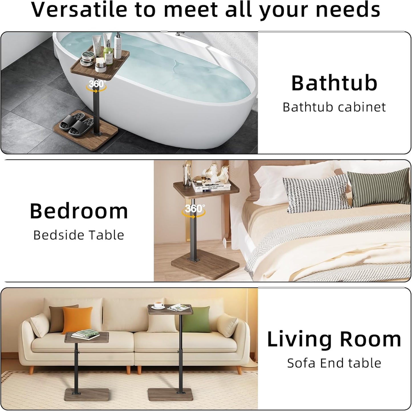 C Shaped End Table Adjustable Height Set of 2,360° Swivel Sofa Table Tray,Couch Tables That Slide Under,C Shaped Side Table for Sofa Living Room,Bedroom,Snack Table (Rustic Brown)
