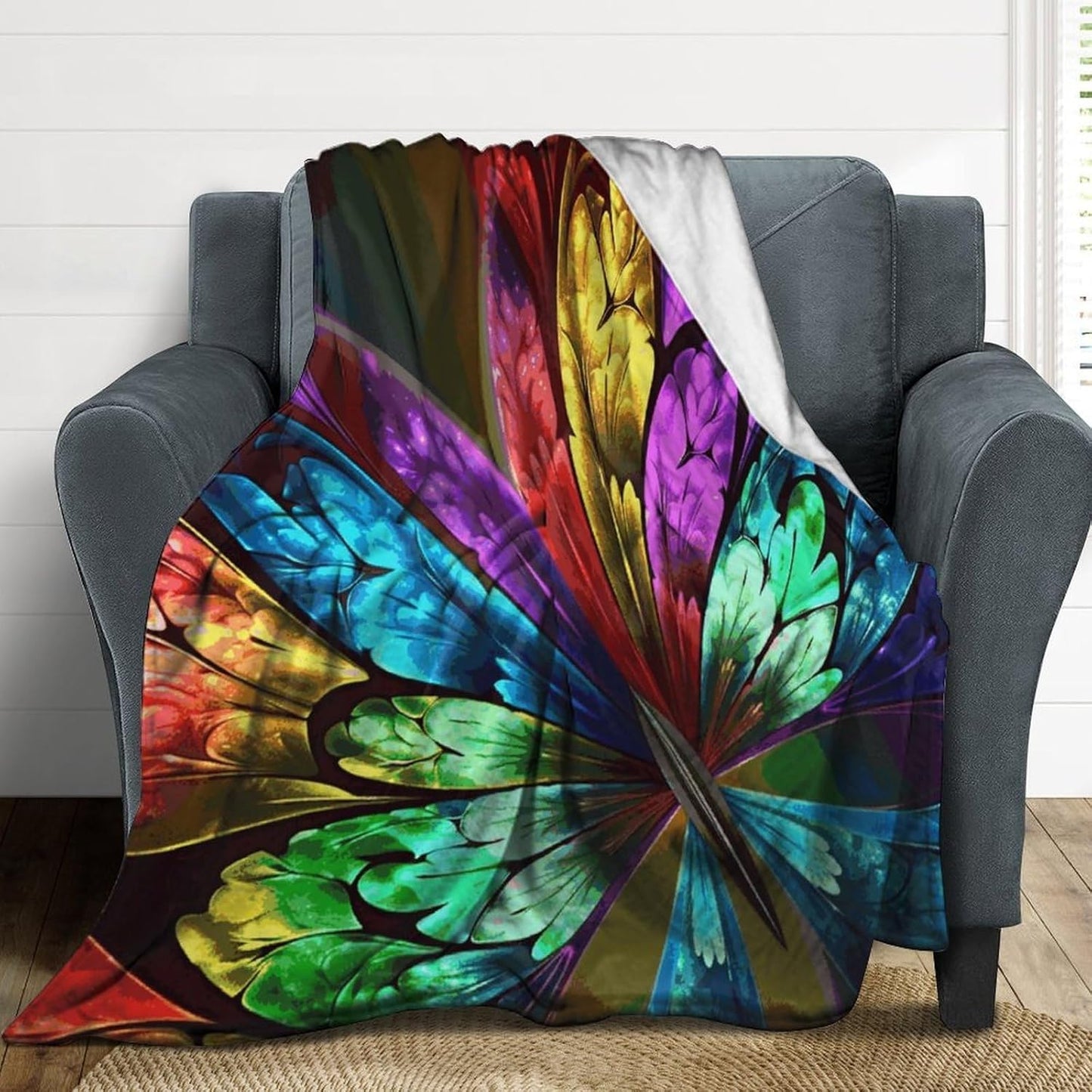 Rainbow Butterfly Blanket Super Soft Lightweight Throw Blanket Cute Cozy Warm Bed Blanket Decorative Fuzzy Blanket All-Season Home Decor Gift for Sofa Couch Living Room 50"*60"（130 * 150cm）