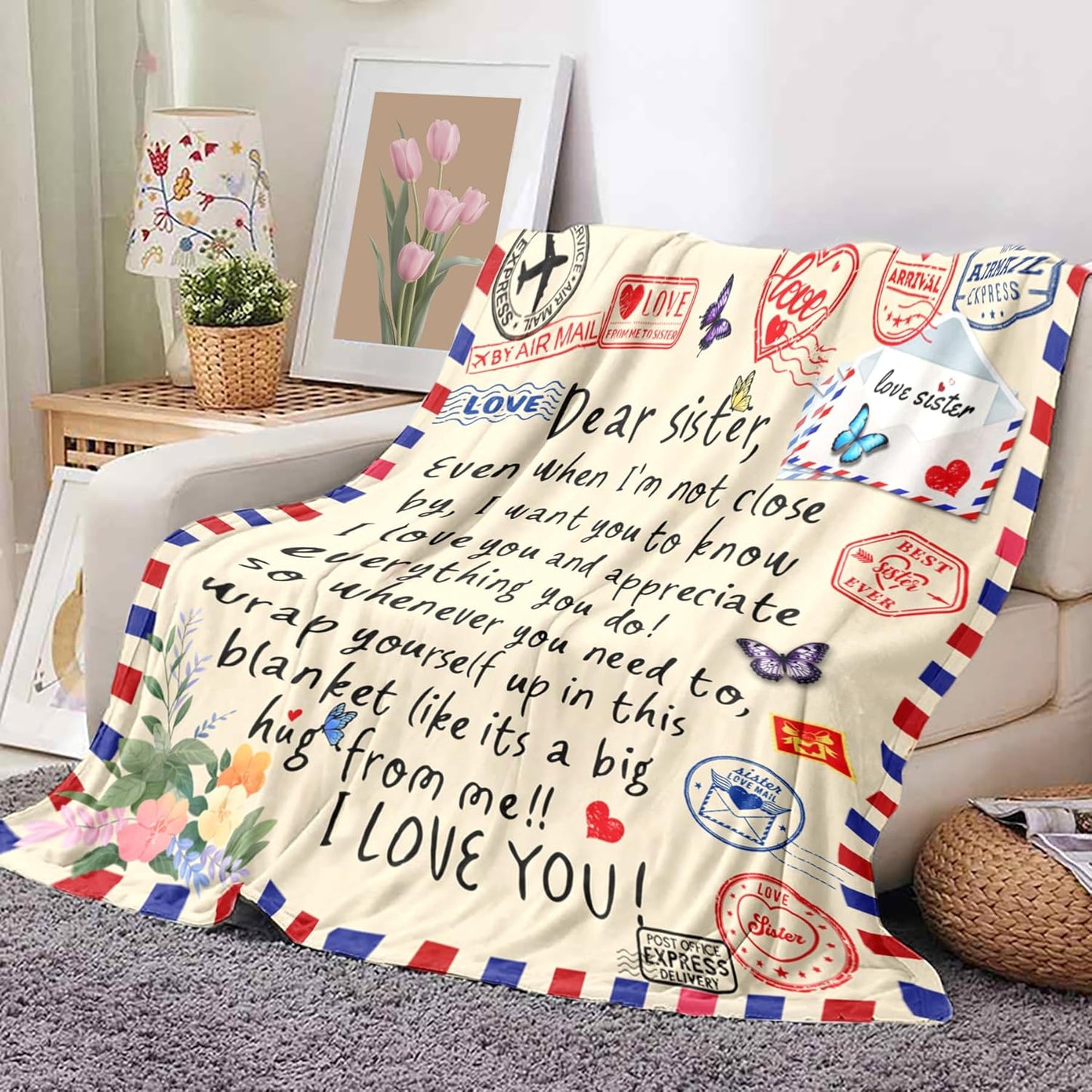Sister Gifts Throw Blanket for Sisters Mother's Day,Sister Birthday Gifts,Super Soft Flannel Love Present A Letter Blankets with Butterfly 52"x60" for Christmas,Valentines Day,Bed,Couch