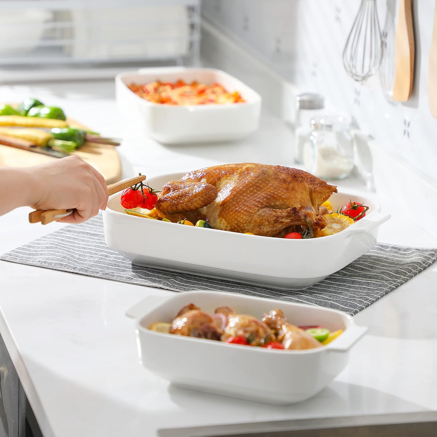 MALACASA Casserole Dishes for Oven, Ceramic Baking Dishes Set of 3, Rectangular Lasagna Pan Deep Baking Pans, Bakeware Sets with Handles Gift Set, White (13.8''/11.7''/9.4''), Series BAKE