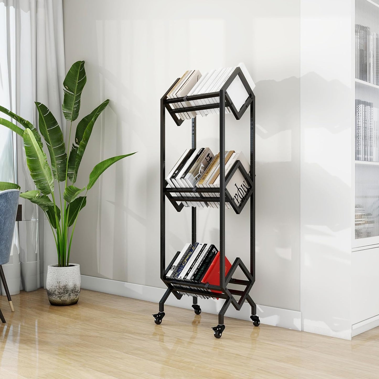 Bookshelf Book Cart Rack Industrial Metal Bookcase 3 Tier Holder with Wheels Modern Stylish Design Magazines Files Album Recipe Book Storage Organizer for Sofa End Bed Beside (3 Tier)