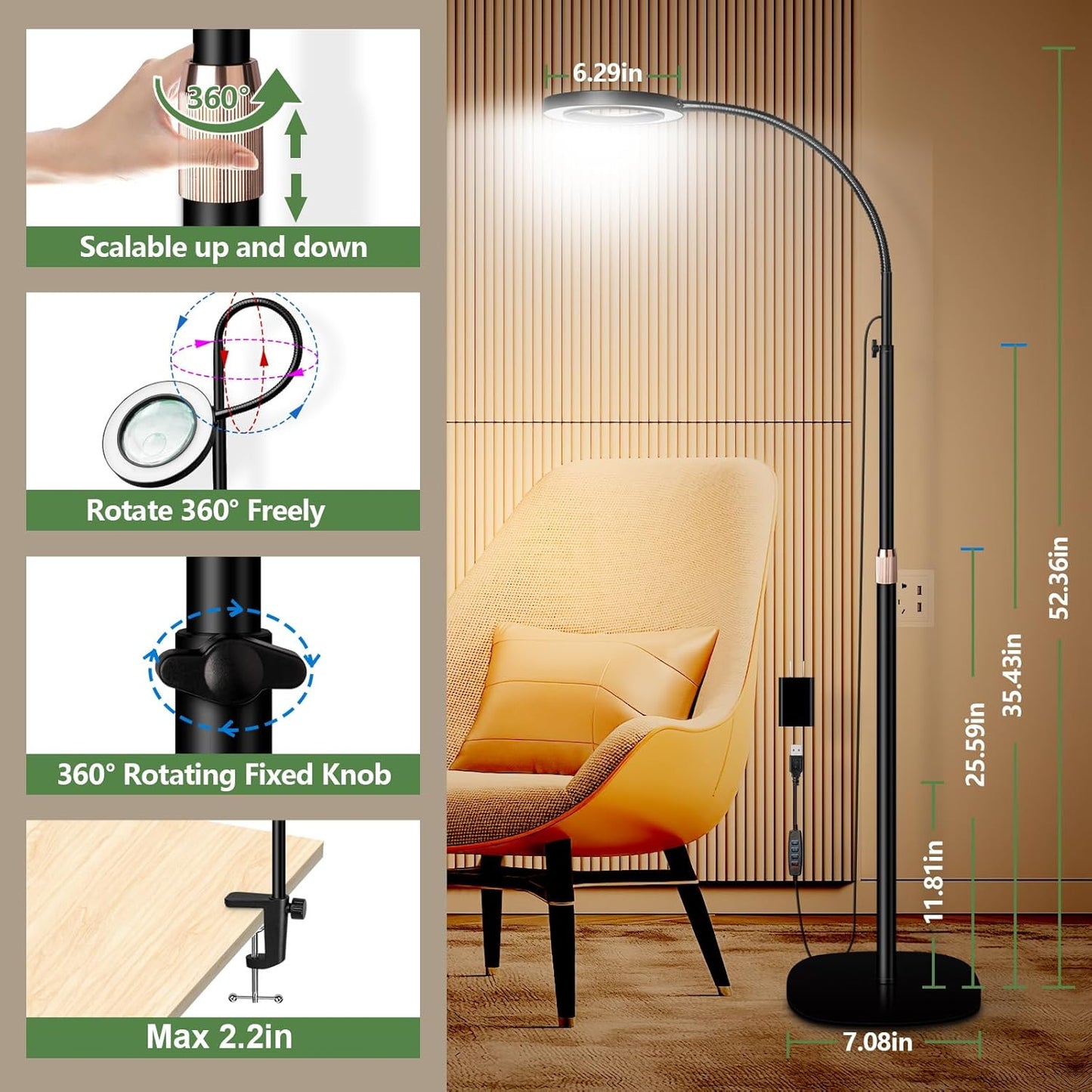 HITTI 10X & 30X Floor Magnifying Glass with Light, Standing Mag Lamp for Close Work, Esthetician, Jewellery, Craft, Facial, Adjustable Color Modes and Flexible Gooseneck LED Lighted Magnifier(Black)