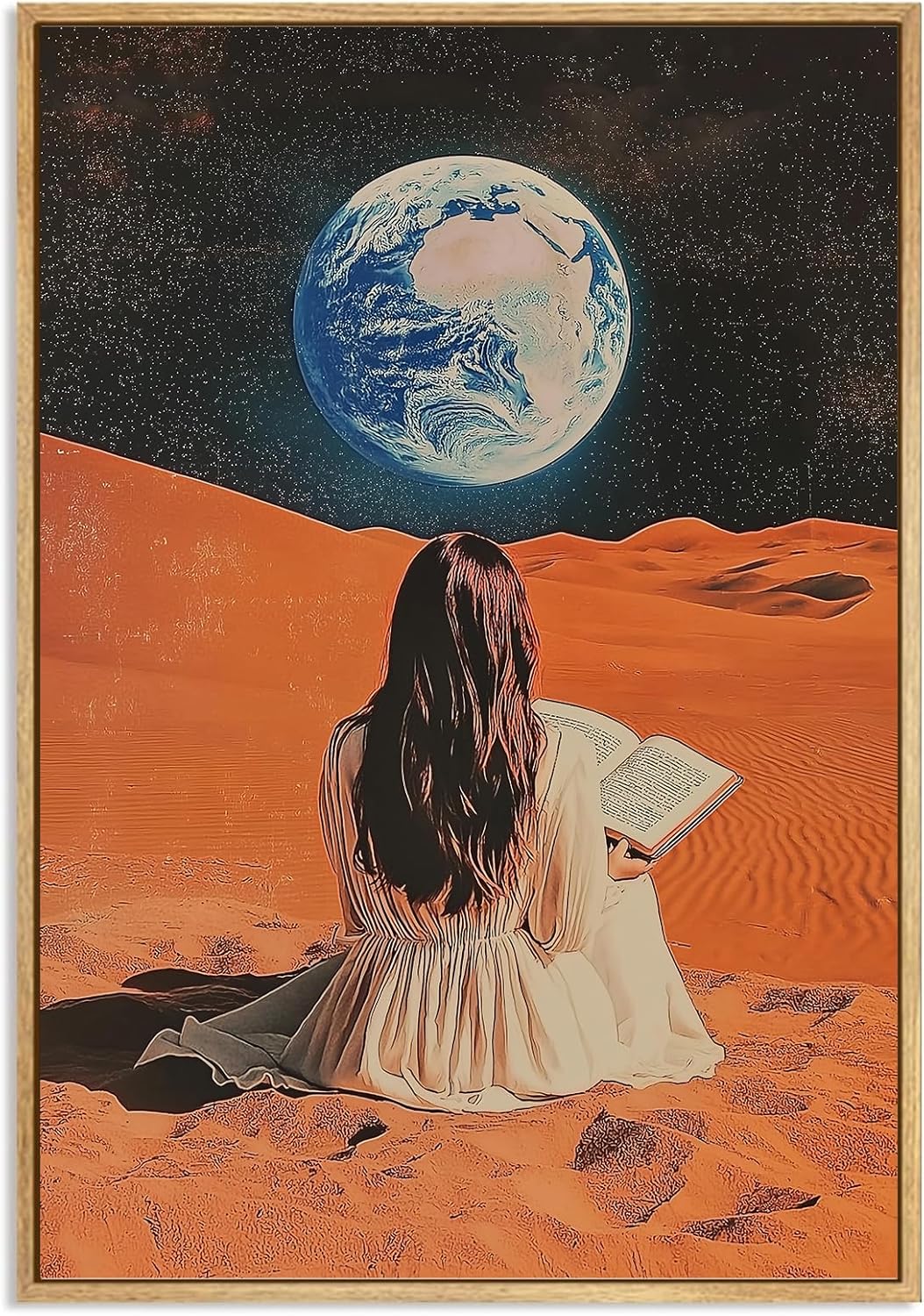 Vintage 70s Wall Art Woman Reading Book Canvas Retro Surreal Collage Poster Trippy Alien Wall Art Vintage Bar Cart Pictures Egoless Aesthetic Posters Retro Trendy Woman Moon Print 16x24inch No Frame