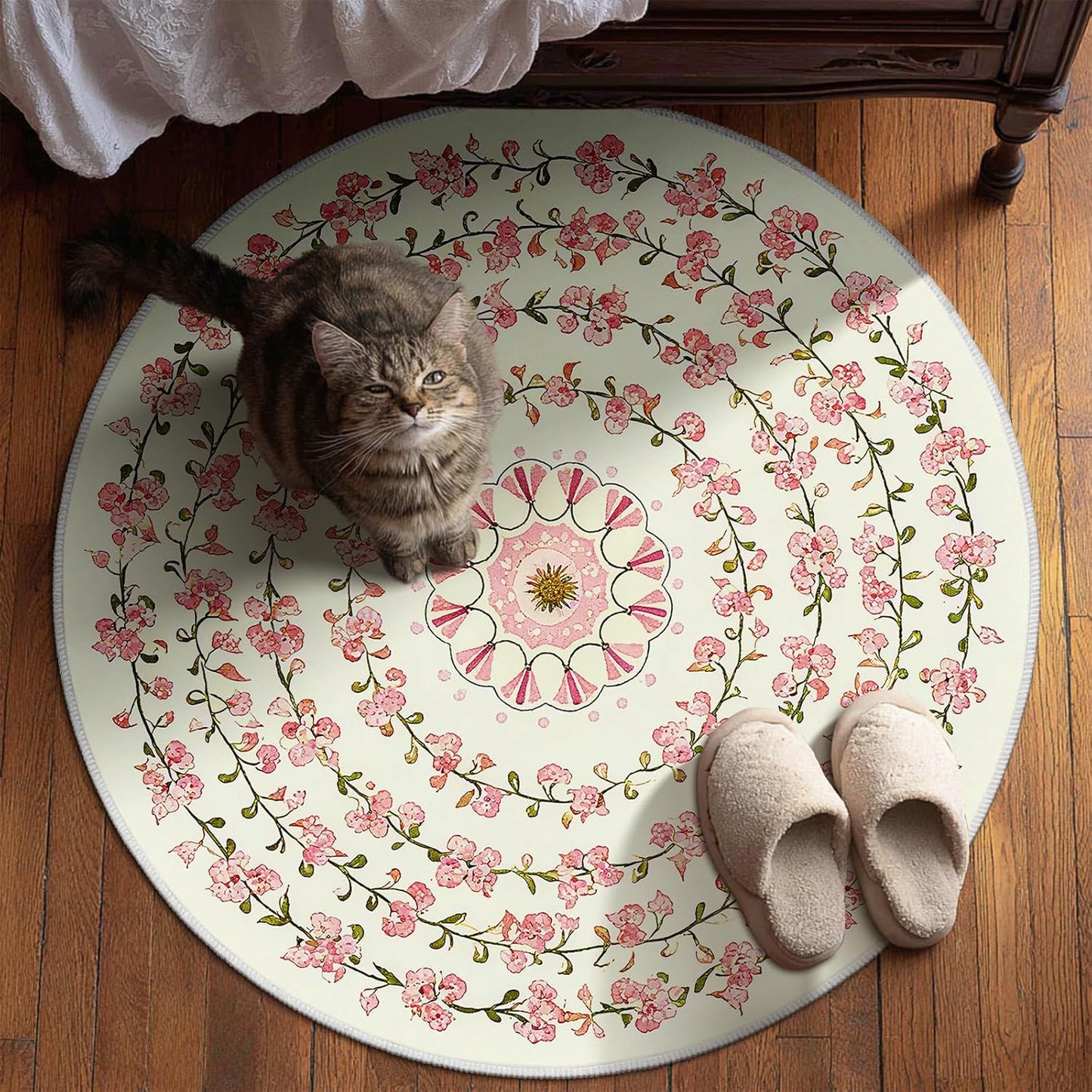 4ft Round Boho Floral Area Rug - Washable Vintage Botanical Circle Rug, Non-Slip Low-Pile Distressed Medallion Carpet for Nursery, Bedroom, Reading Nook, and Entryway (Cream/Pink)