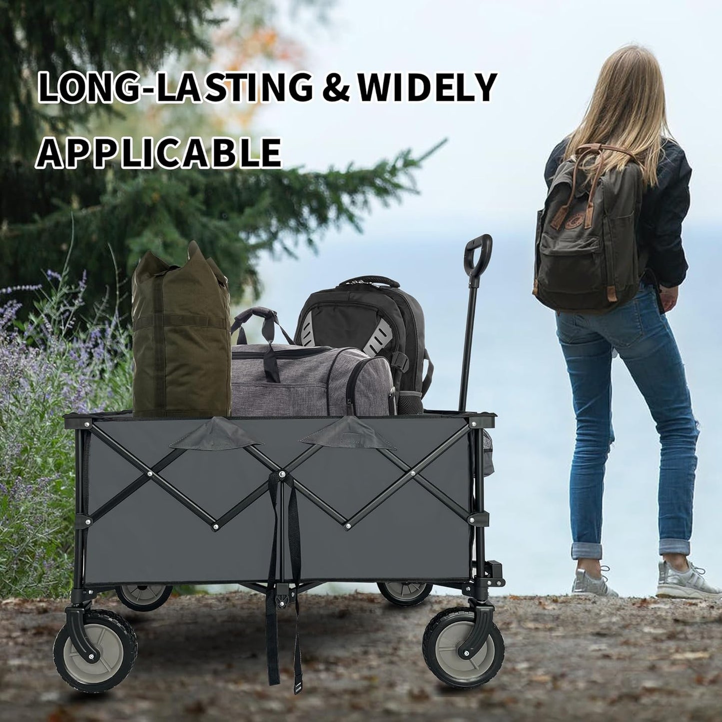 LKJYBG Steel Yard Cart Garden Wagon with Adjustable Handles 2 Cup Holders Wheels Collapsible Foldable Wagon Folding Utility Garden Cart for Garden Orchard Warehouse Cement Grey As Shown