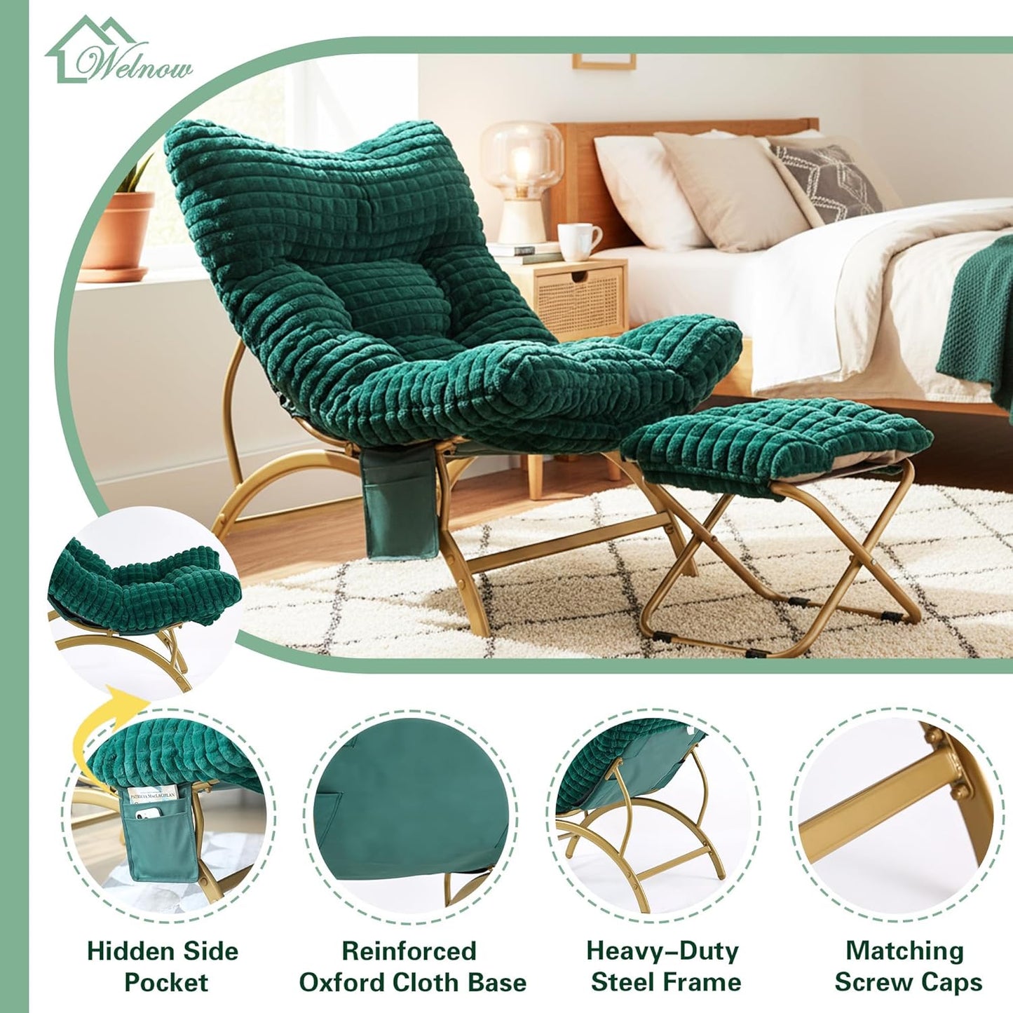 Welnow Dark Green Lazy Chair with Ottoman, Oversized Reading Chair for Adults, Soft Padded Lounge Accent Chair for Living Room, Bedroom, Comfortable Reclining Leisure Chair with Side Pocket