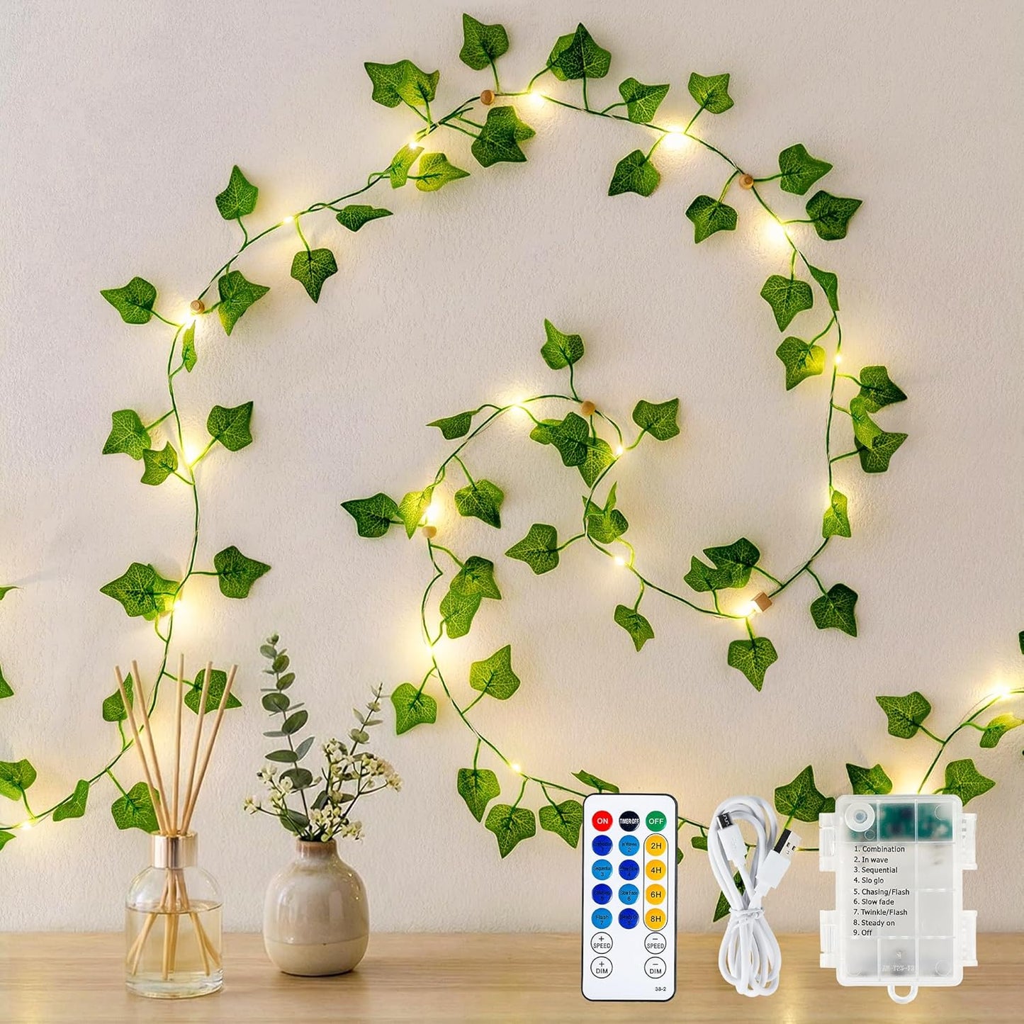 HEYFUNi Ivy Vines with Lights with Remote, 13 Ft 40LED Artificial Green Leaf String Lights USB/Battery Operated, Fake Vines for Bedroom Wall Aesthetic, Dorm, Room Decor, Warm White