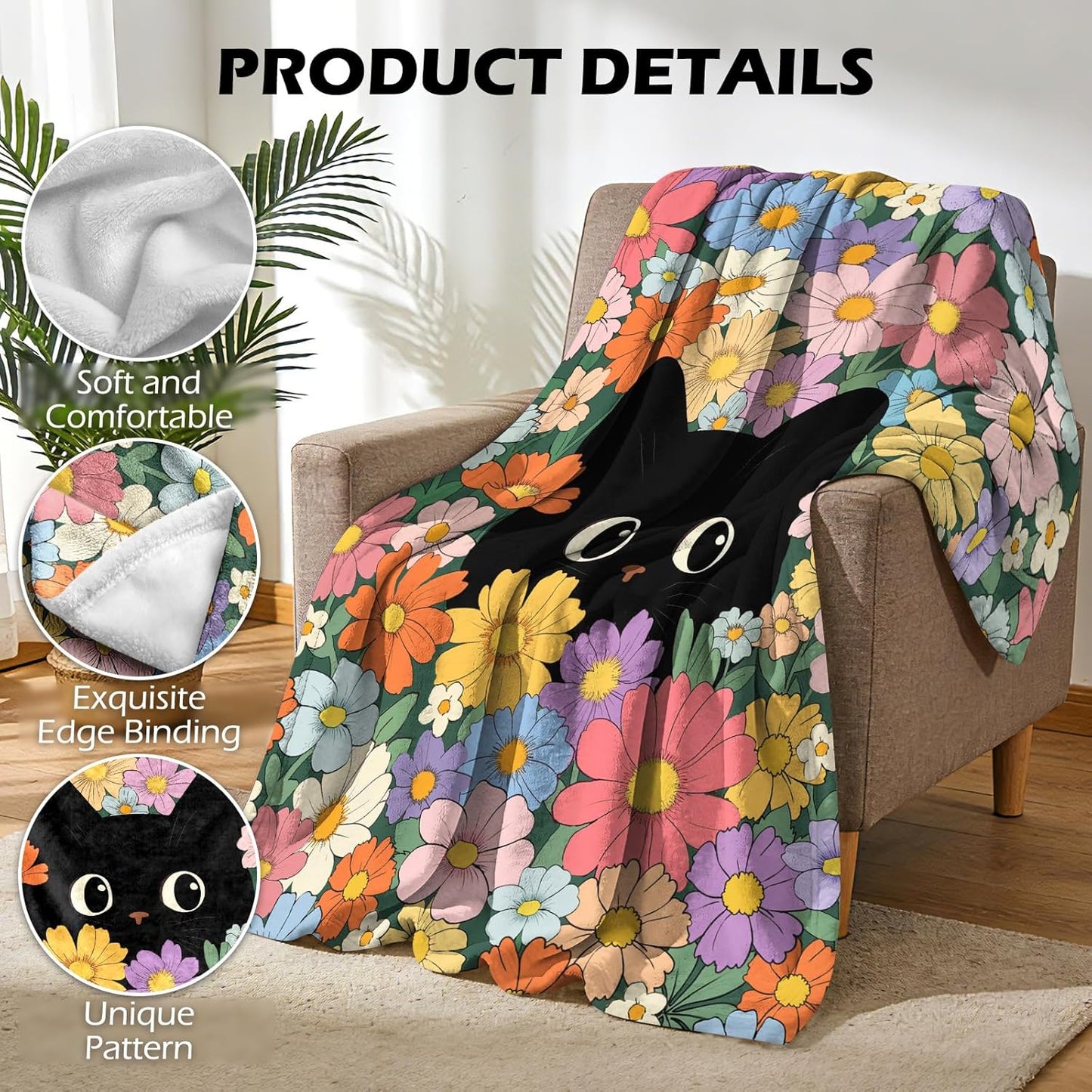 Orange Cat Floral Themed Blanket - 50"x60" Cute Orange Cat Gifts for Cats Lovers Women Mom Teen Girls All Season Super Soft Comfort Flannel Blanket Pet Cats Lovers Valentine Birthday Present