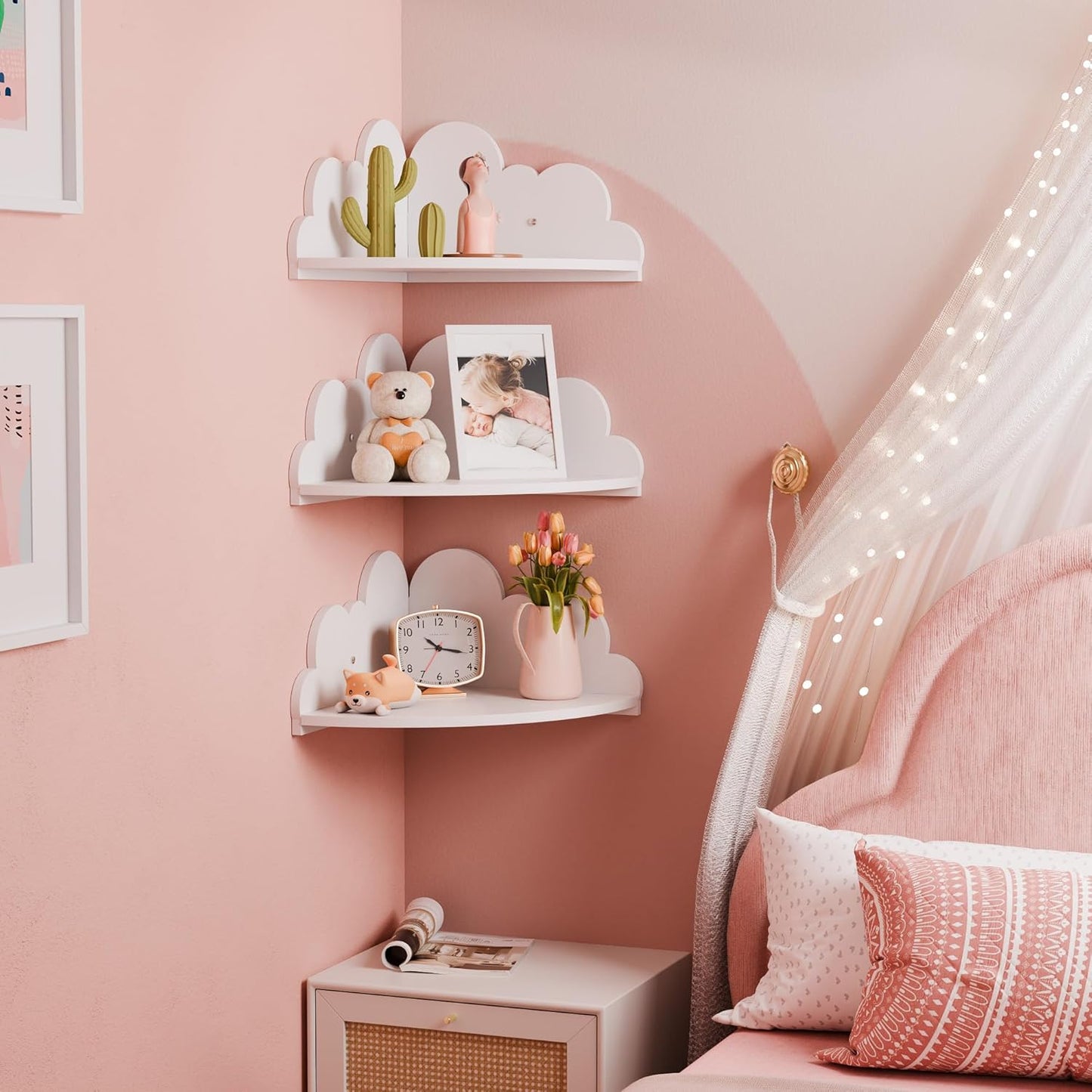 Cloud Floating Corner Shelves - Set of 3 Cloud Corner Wall Shelves for Kid’s Room, White Floating Shelf Nursery Wall Deor, Small Cute Clouds Dispaly Shelf for Toys, Plants & Storage.