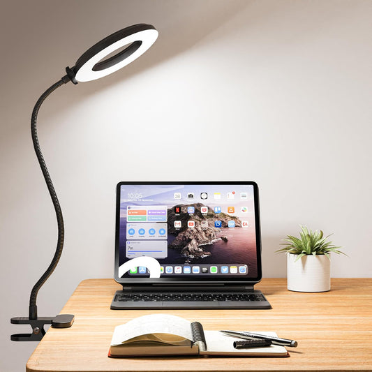 LED Desk Lamp with Clamp, Eye-Caring Reading Light with 3 Color Modes 10 Brightness, Flexible Gooseneck Clip On Lamp for Home Office Bed Headboard, USB Powered Dimmable Table Light