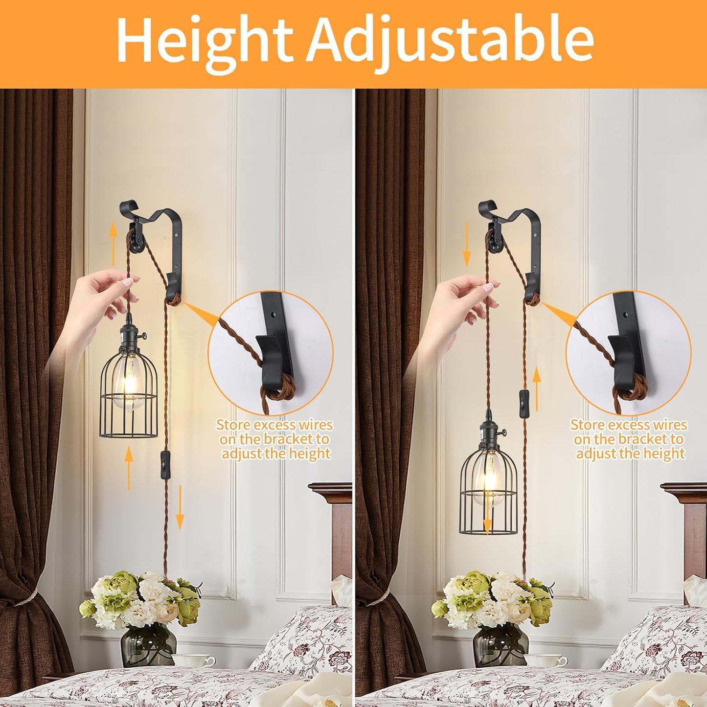 SEEBLEN Wall Sconces Plug in of 2, Industrial Wall Lamp with Plug in Cord,Black Vintage Wall Sconce with 6.5ft On/Off Switch Cord,Height Adjustment Wall Lights for Bedroom Reading Headboard.