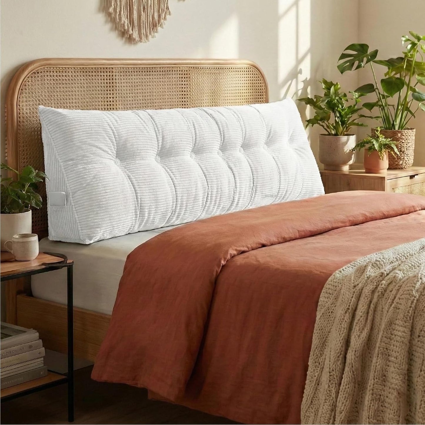 Wedge Reading Pillow Headboard King Size, Headboard Bolster Pillow for Bed, Triangular Backrest Cushion with Removable Corduroy Cover, White