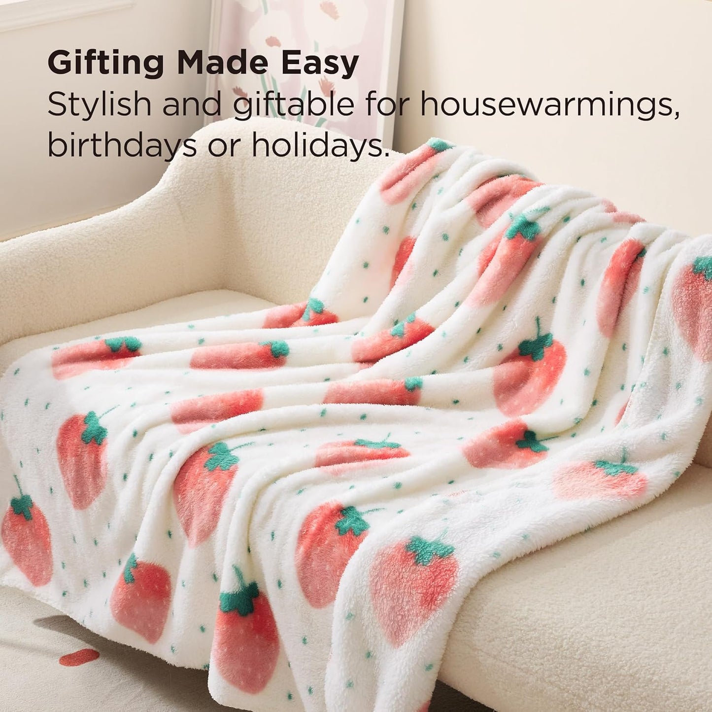 Bedsure Cute Strawberry Decor Throw Blanket Pink for Kids - Soft Fleece Throw Home Decor for Girls Women Teens as Birthday, GentleSoft Cozy Fruit Pattern Blankets for Couch Bed, 50x60