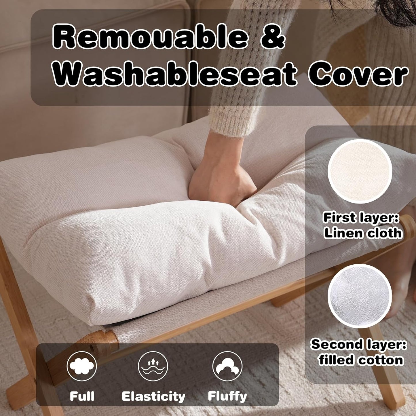 Ottoman Foot Rest- Bamboo Foldable Stool, Foot Stools Small Ottman with Upholstered & X Legs, Folding Stool for Makeup, Bedroom and Living Room (Large Beige)