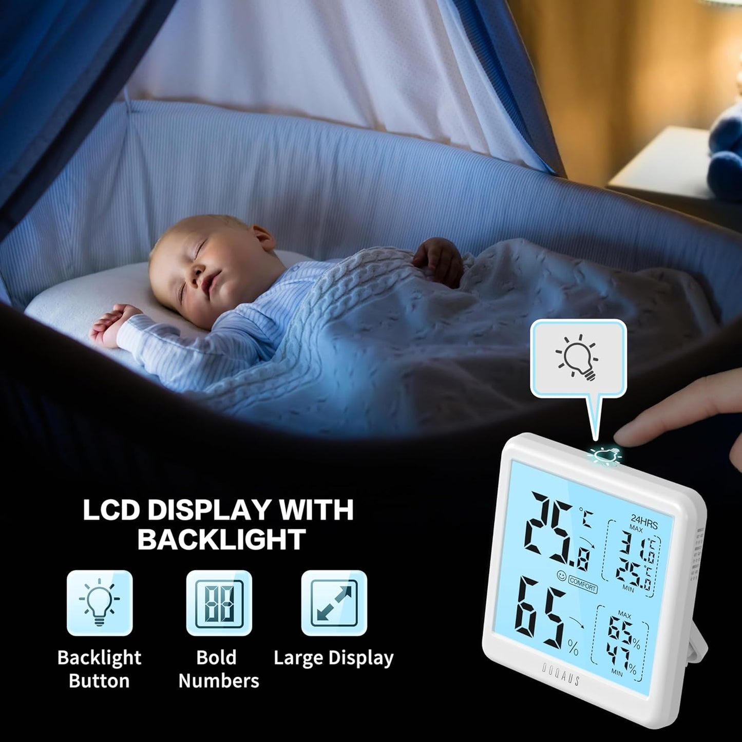 DOQAUS Digital Hygrometer Indoor Thermometer for House, Room Thermometer with 3s Fast Refresh & Max Min Records, Temperature Monitor Humidity Meter with Backlight, White