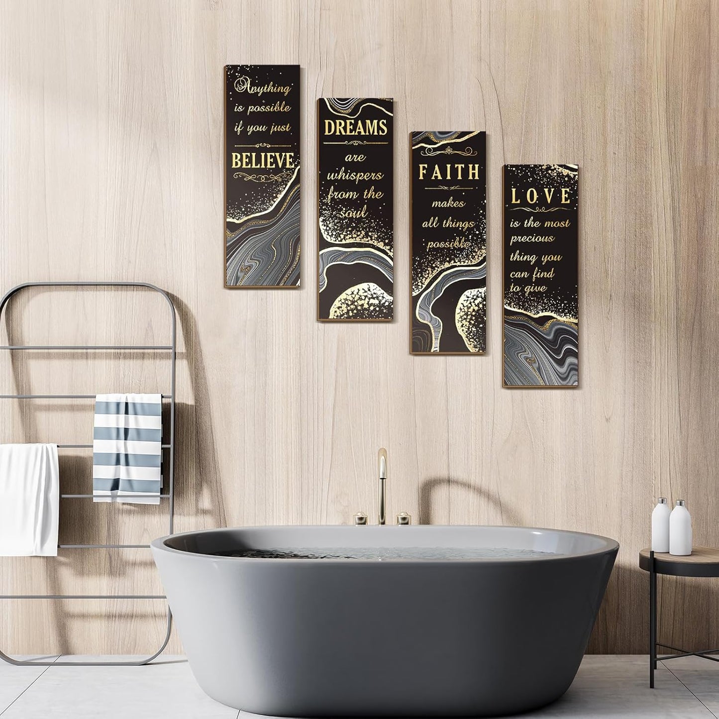 Chitidr 4 Pcs Golden Bathroom Wall Decor Inspirational Quote Wooden Sign Gold Art Signs Love Faith Believe Dream Wall Decor for Living Room Bathroom Accessories(14.17 x 4.72 Inch,Black and Gold)