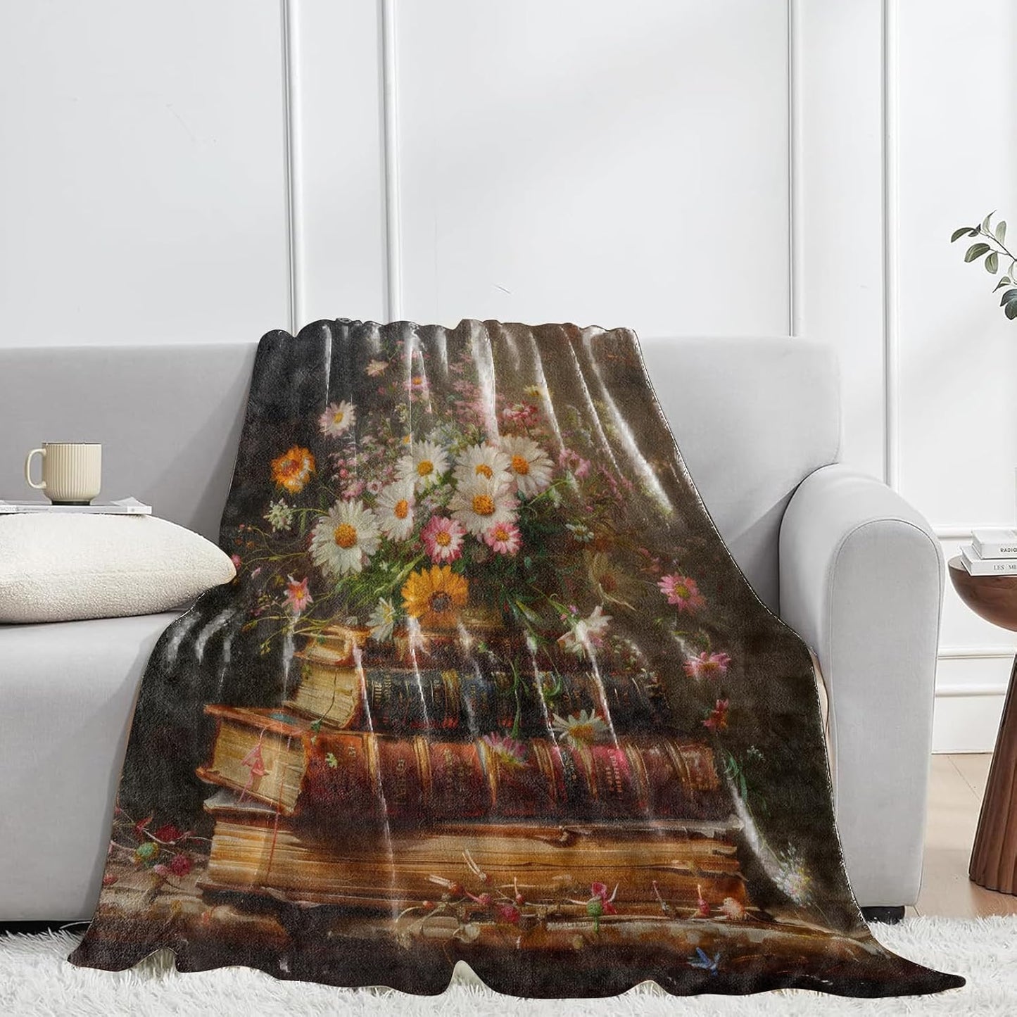 Vintage Book and Wildflower Flannel Blanket,Romantic Floral Throw with Oil Painting Style,Lightweight Fleece Blankets for Books and Art Lover,Couch,Cabin,Bed,Camping Decor Gifts,60x50in