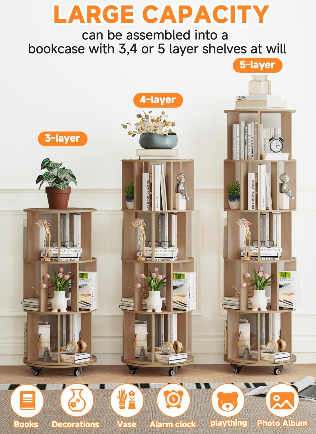 Baoz 5-Tier Rotating Bookshelf Tower, 360° Display Stackable Spinning Bookshelf with Wheels, Floor Standing Corner Revolving Bookcase, Rotating Book Shelf for Kids Rooms, Living Room, Bedroom - Wood