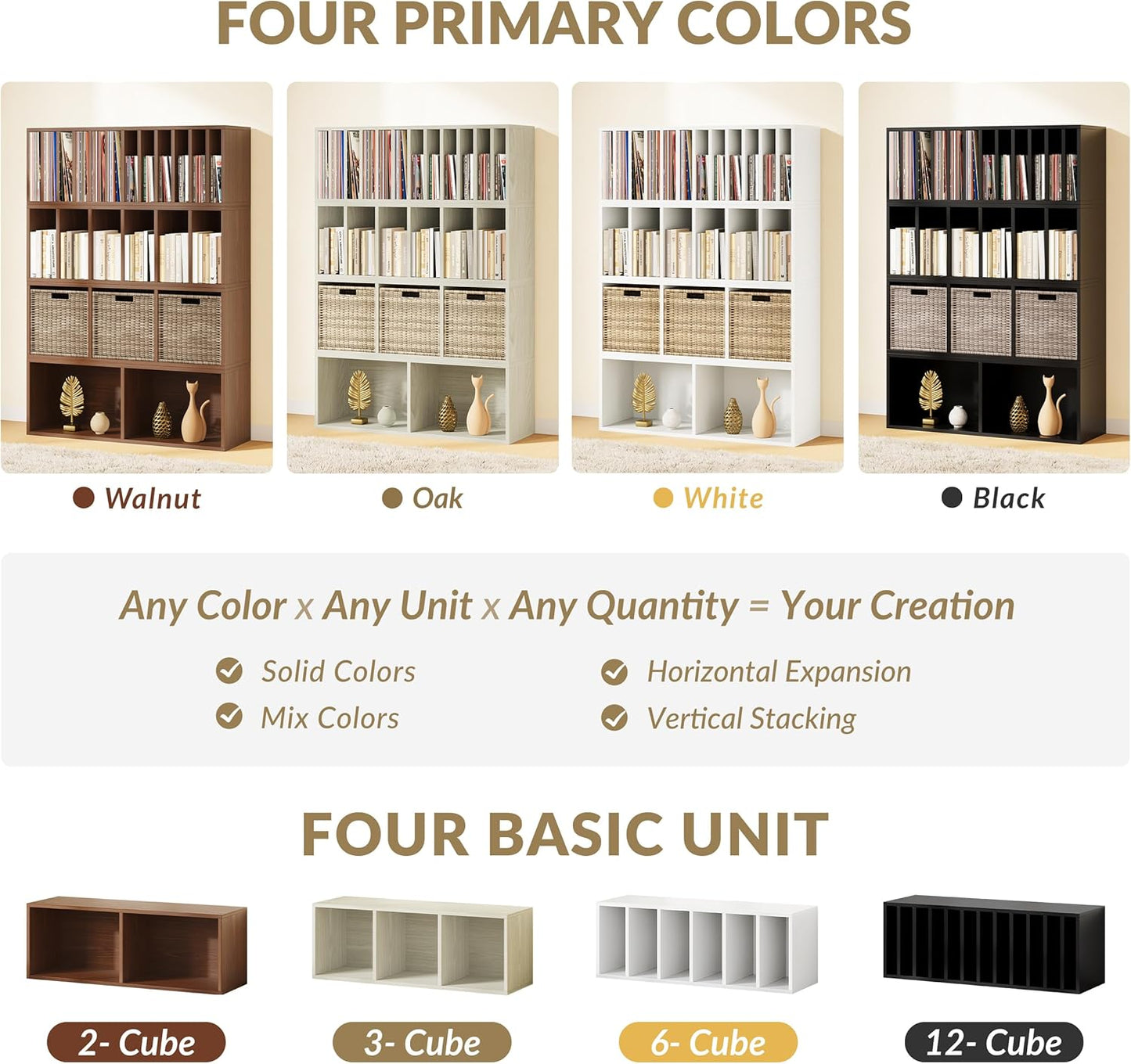 IOTXY DIY Modular Cube Bookcase - CubeXY Customizable Stackable Expandable Combination Set, 23-Cube Open Bookshelf for Books, Fabric Storage Bin, and 7/10-inch Vinyl Record Organizer, Oak