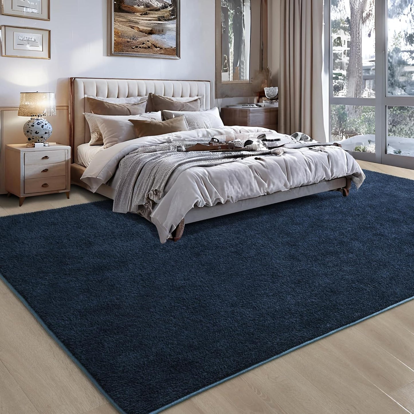 Foxmas 5x7 Area Rugs for Bedroom Living Room, Navy Blue Soft Thickened Memory Foam Carpet, Non-Slip Washable Indoor Modern Minimalist Shaggy Rug for Boys Girls Dorm Home Decor
