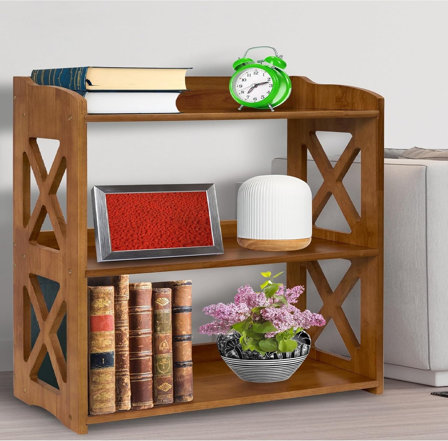 Brown Bookcase by Natural Wood, 4 Tier Bookshelf, Small Book Shelves Freestanding Display Storage Shelves. Open Bookshelf for Bedroom, Living Room and Office (Brown, 3 Tier)