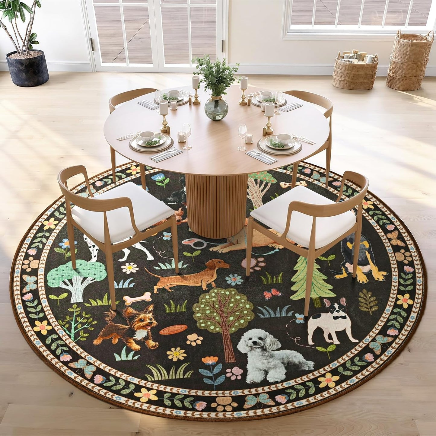 ST. BRIDGE 4ft Brown Round Area Rug, Washable Boho Animal Dog Non-Slip Circle Rug, Soft Thin Stain-Resistant Low-Pile Carpet for Entryway Kitchen Living Room Bedroom Nursery Kids Playroom