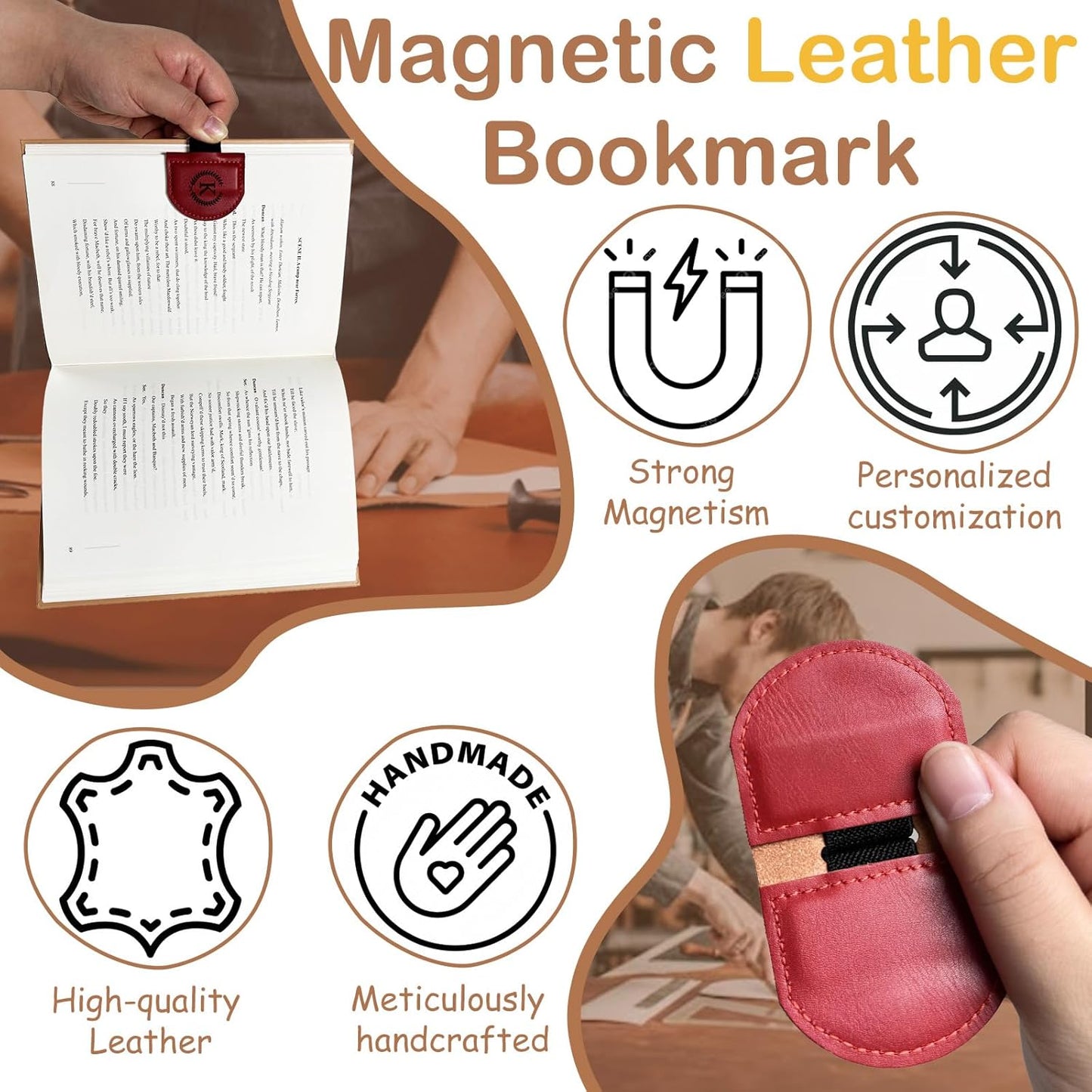 MOTEERLLU Bygone Mark Bookmark with Pen Holder, Initial Personalized Leather Magnetic Book Mark, Custom Bookmarks for Women & Men, Ideal Gift for Book Lovers, Readers