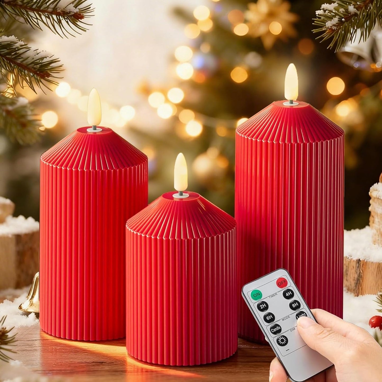 Flameless Candles with Remote, Battery Operated Candles Real Wax LED Fake Pillar Candles with Timer Flickering Flame for Wedding Home Party, Set of 3 Red