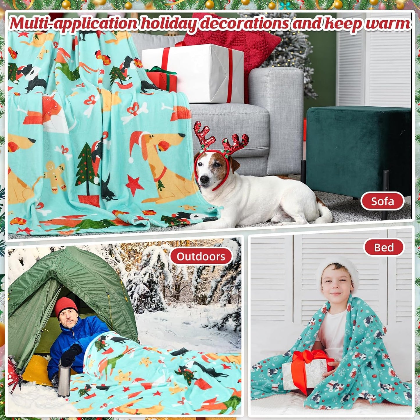 4 Pack Christmas Throws Blanket Bulk Christmas Flannel Blanket for Dog Xmas Lightweight Throw Warm Fluffy Plush Quilt Xmas Fleece Fuzzy Soft Throw for Couch Sofa Chairs, 51”x 59”(Dog)
