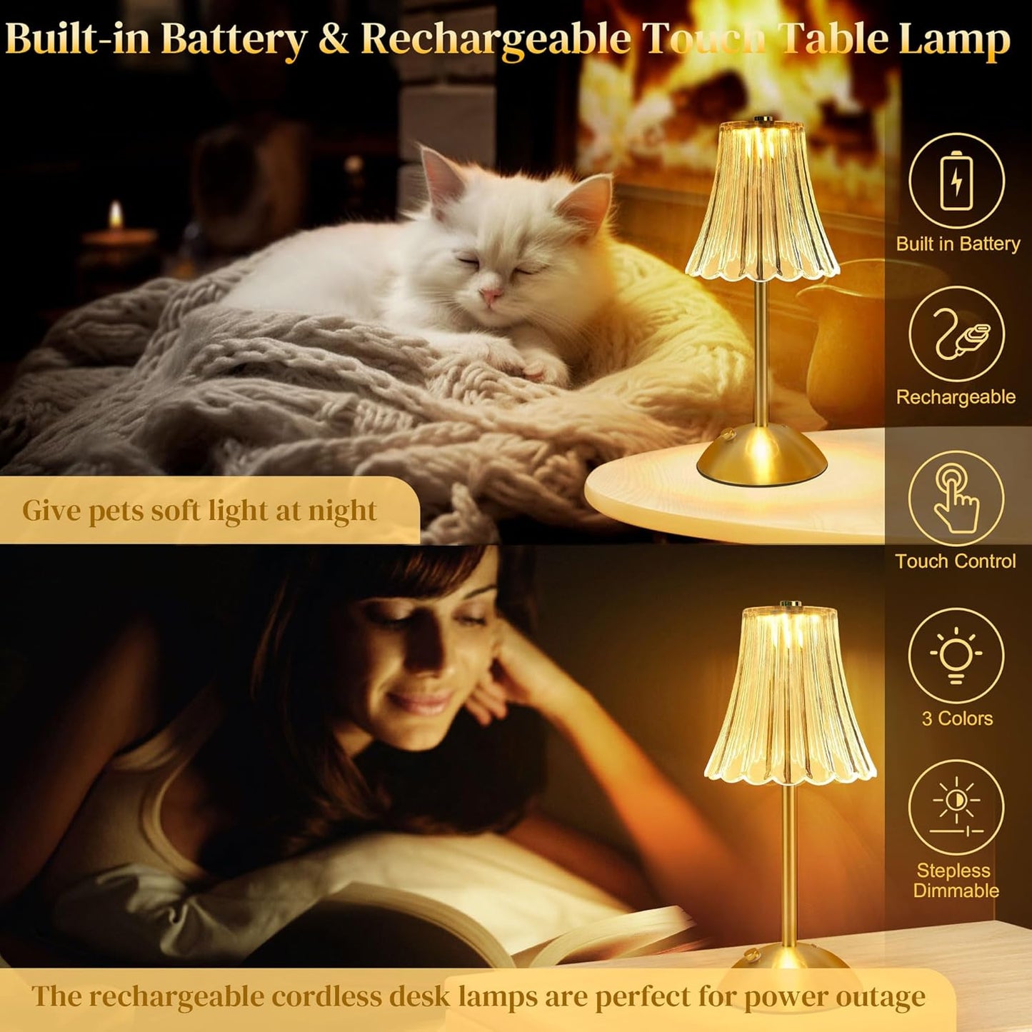 Cordless Table Lamps for Bedroom,Gold Cordless Battery Operated Table Lamp Rechargeable Decorative Bedside Dimmable Nightstand Lamp Small Touch Crystal Table Lamp,3 Color LED Lamp 2600mAh (Vintage)